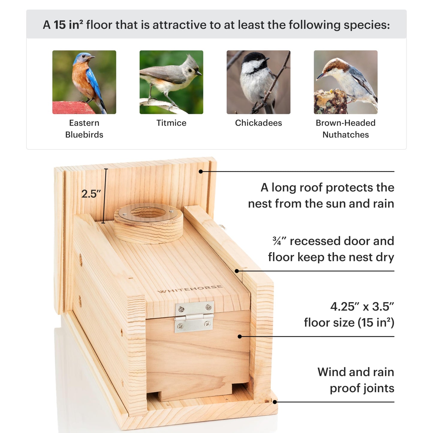 WHITEHORSE Premium Bluebird House - A Bird House Built to NABS Specs - Nestbox for Various Songbird Species - Cedar Bluebird Box House - Weatherproof Bird Houses for Outdoors