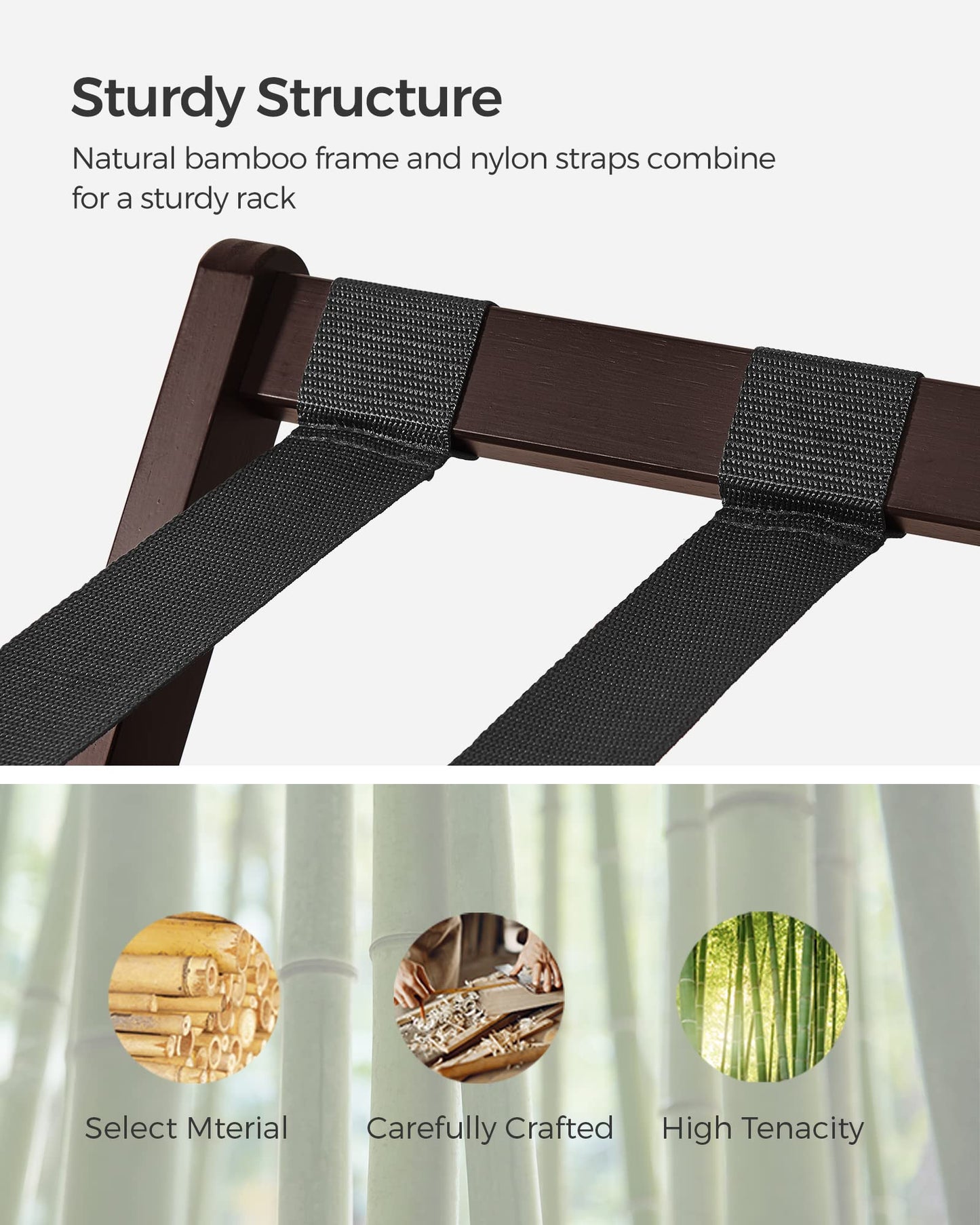 SONGMICS Luggage Rack, Bamboo Luggage Rack for Guest Room, Folding Suitcase Stand, for Hotel, Bedroom, Heavy-Duty, Holds up to 131 lb, Chestnut Brown URLR007R01