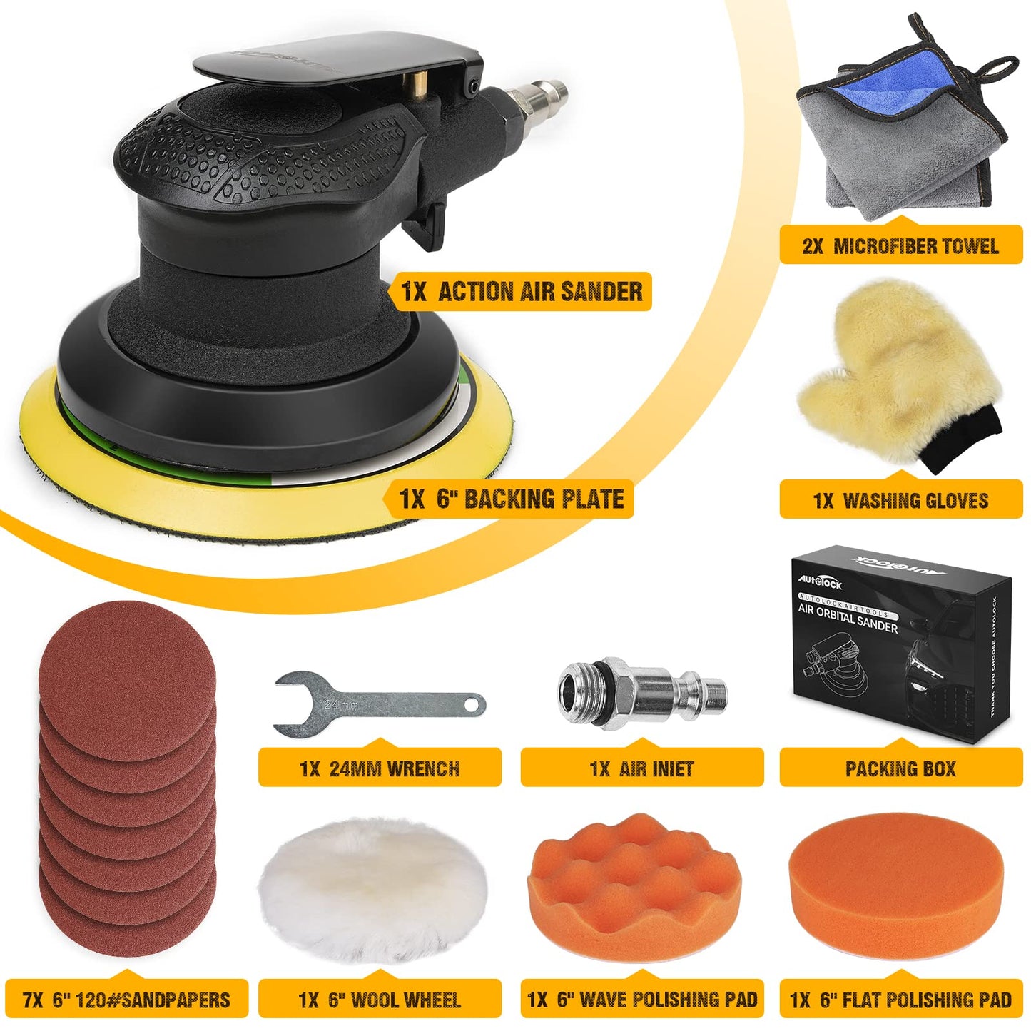 Autolcok 6 Inches Air Random Orbital Sander, Pneumatic Palm Car Sanders for Wood Polisher Metal,and Auto Body Work, Da Sanders, Dual-Action Sander