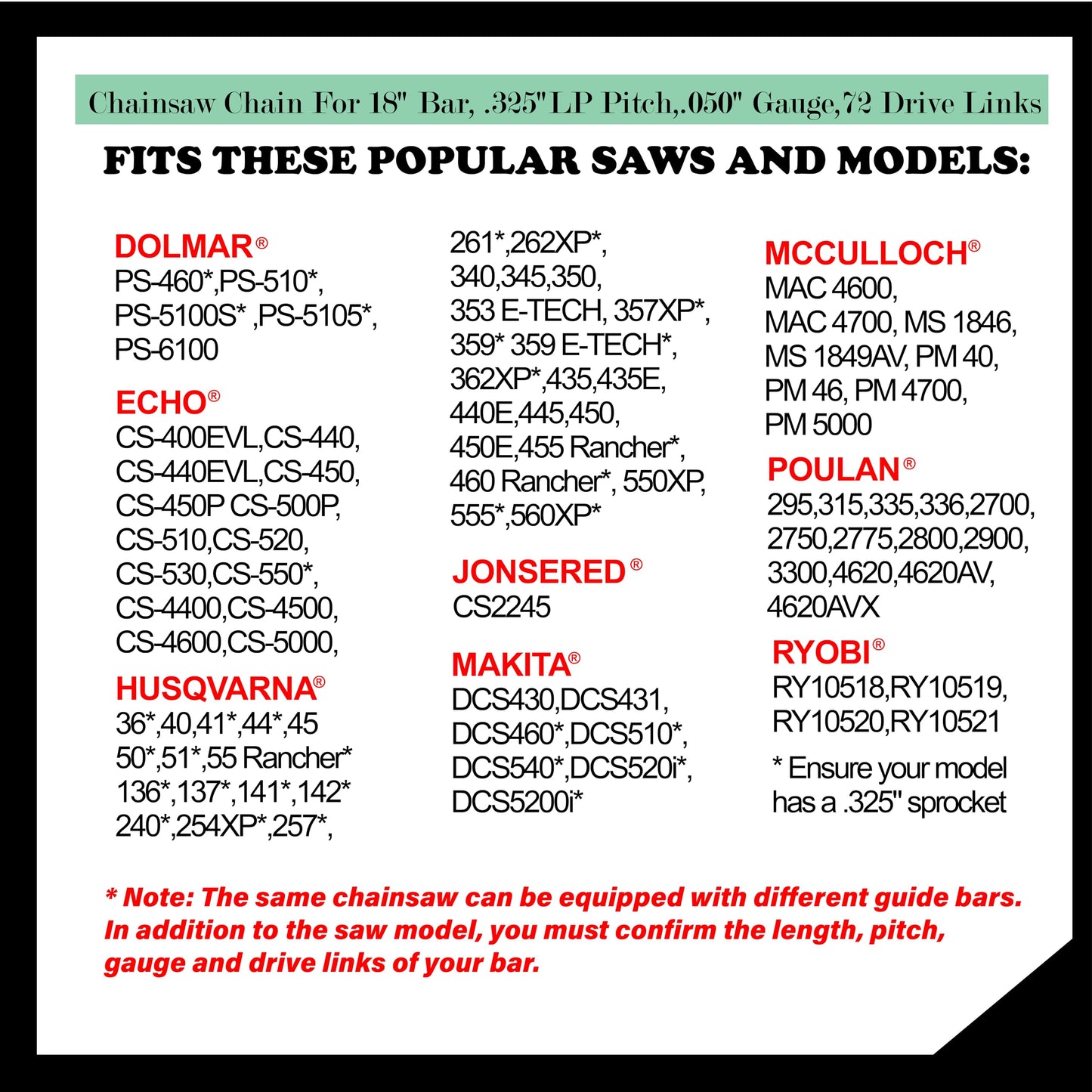 18 Inch Chainsaw Chain .325" Pitch .050" Gauge, 72 Drive Links Fits Husqvarna 440 445,POULAN 295, 315, RYOBI RY10518,MAKITA DCS430,JONSERED CS2245,Husqvarna 36*, 40, 41*,Echo CS-400EVL,H72 (3 Chains)