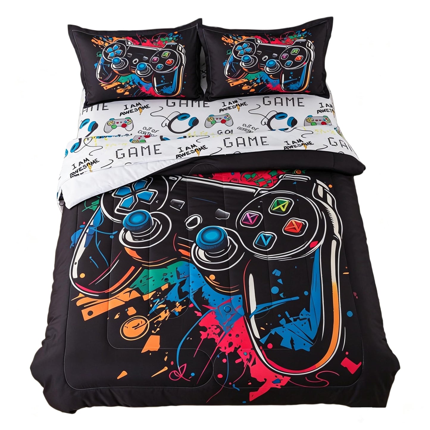 qjmiaofang Gamer Comforter Set for Boys 6 Pieces Black Gaming Bedding Set Twin for Kids Teens Bed in A Bag Gamer Bed Set with Sheets and Pillowcases Soft Microfiber for Home Decor