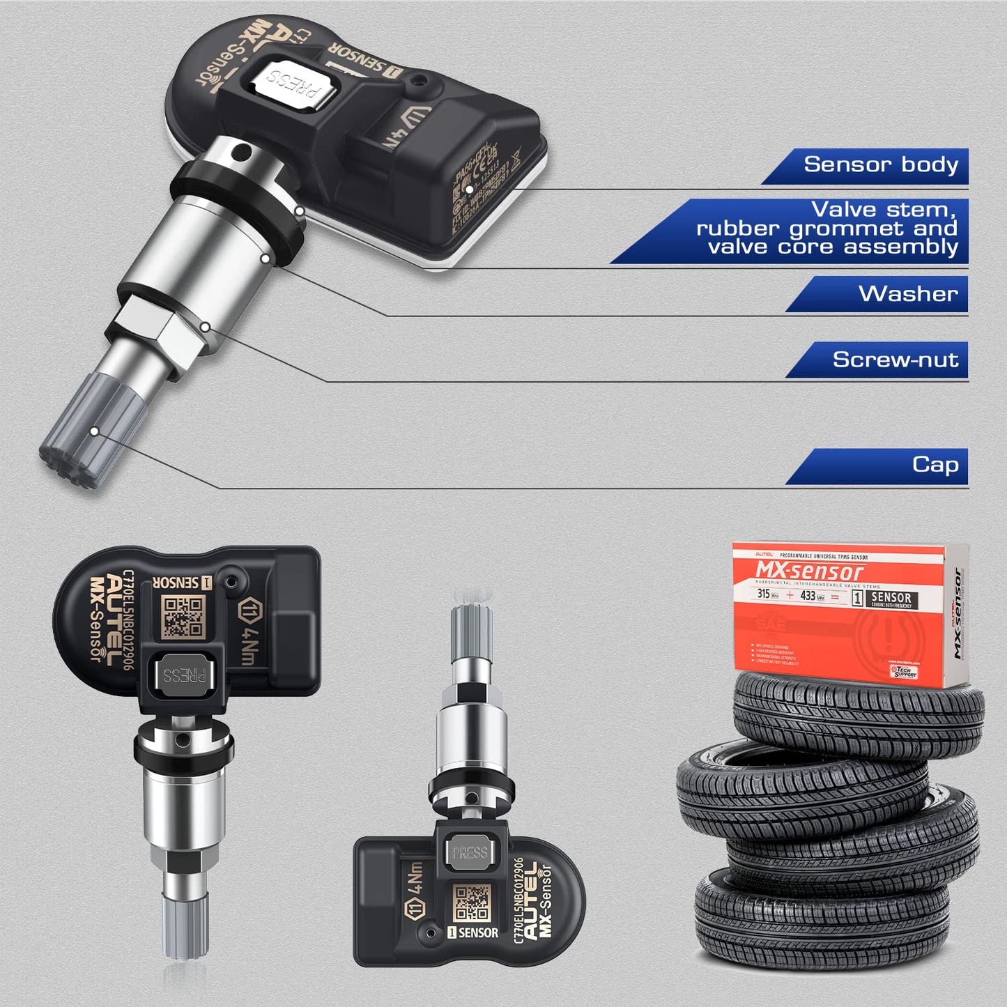 Autel TPMS MX Sensor 315Mhz/ 433Mhz 2in1 Tire Sensor, OE Level Press-Release Universal TPMS Sensors 100% Cloneable by TPMS Tool TS408 TS501 PRO TS508 TS508WF MS906TS MS906 PRO-TS (1PCS Metal Stem)