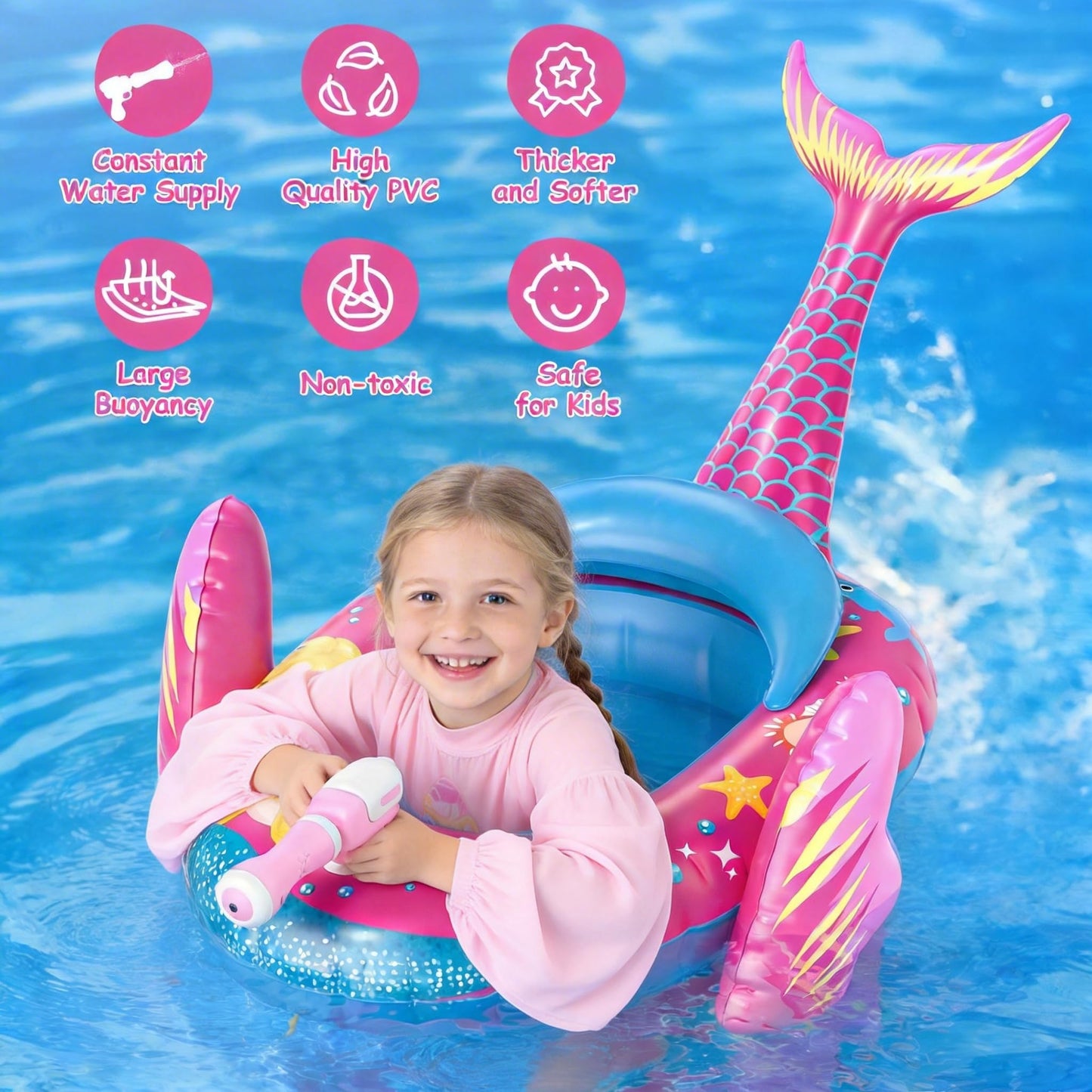 ASDGZD Pool Floats for Kids with Water Gun, Mermaid Toddler Inflatable Pool Toys for Kids Age 3-8 Years Old, Summer Outdoor Water, Beach, Swimming Pool Toys Gift for Girls and Kids