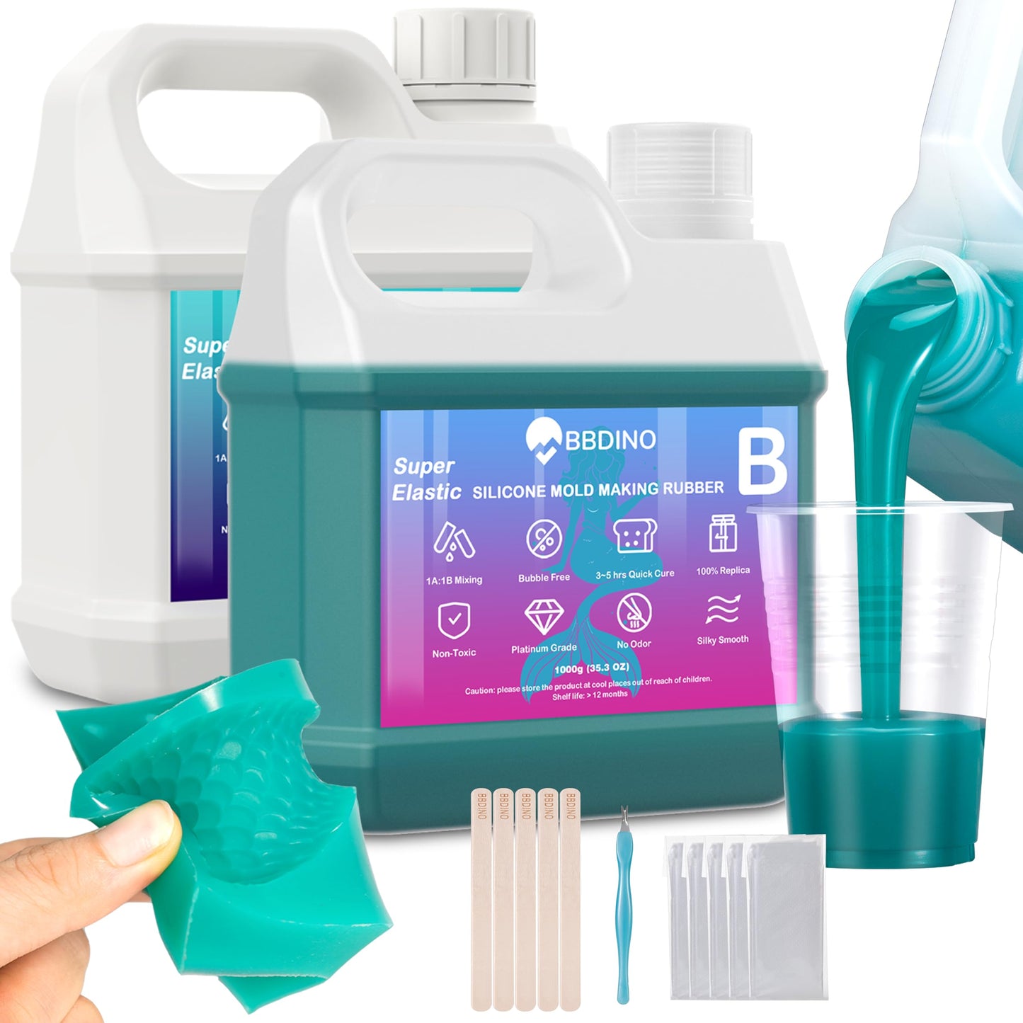 BBDINO Super Elastic Silicone Mold Making Kit 70.6 Oz, Liquid Silicone for Mold Making, 1:1 Mixing by Volume Ideal for Casting 3D Resin Molds| Silicon Molds Jade Green
