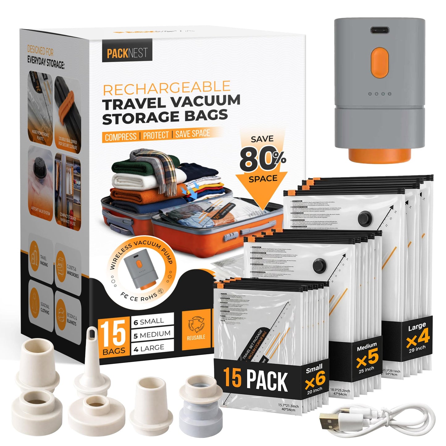 15 Pack Vacuum bags for travel with Rechargeable & Portable Electric Pump (6 Small, 5 Medium, 4 Large) - Vacuum sealer bags for clothes, Blankets and Luggage - space saver vacuum storage bags
