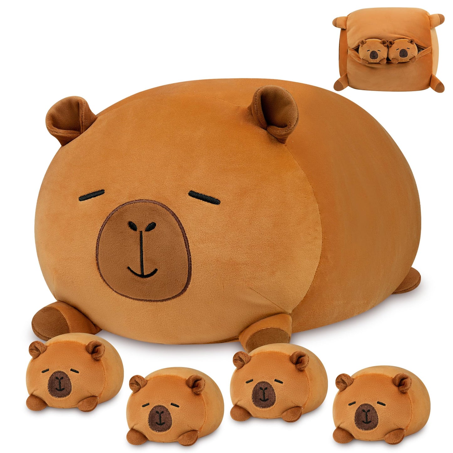 YIIQUWEN Capybara Plush, Soft Stuffed Animal Pillow Toy, Capybara Mommy with 4 Baby Plushies Family Set, Cute Birthday Gift for Kids Boys Girls Adults