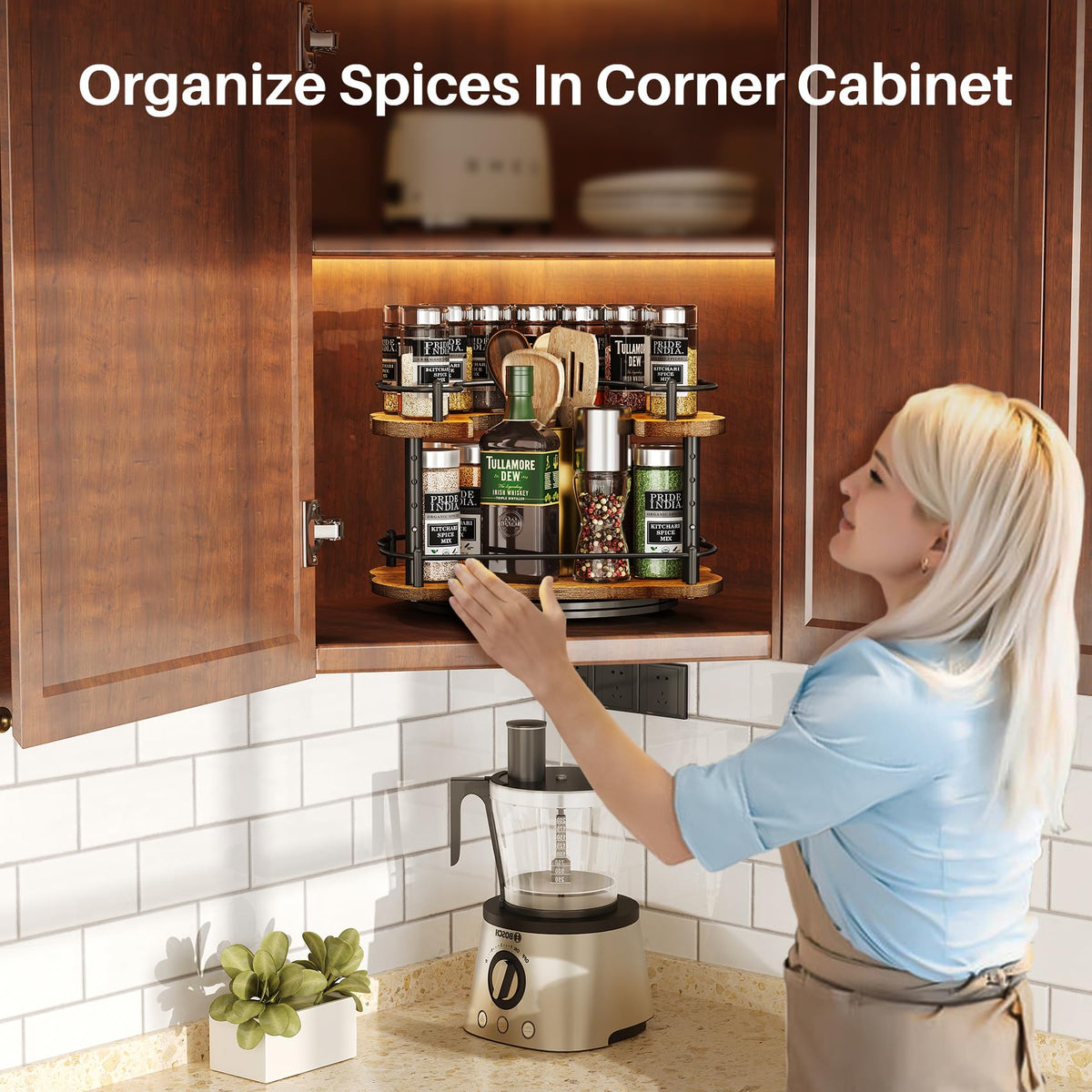Lazy Susan Organizer Spice Rack - Spice Organization for Cabinet Height Adjustable Rotating Lazy Turntable, Pantry Kitchen Wood Revolving Seasoning Organizer (12 Inch)