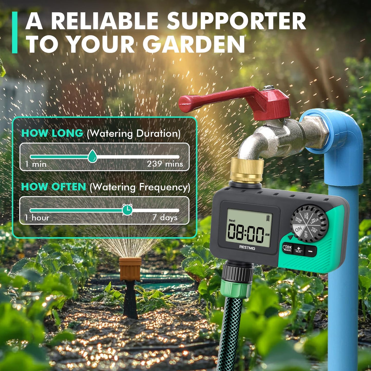 RESTMO Water Timer for Garden Hose, Programmable Sprinkler Timer with Brass Inlet, Rain Delay/Manual ON/Off/Automatic Irrigation Control, Hose Timer for Outdoor Faucet, Yard and Lawn Watering System