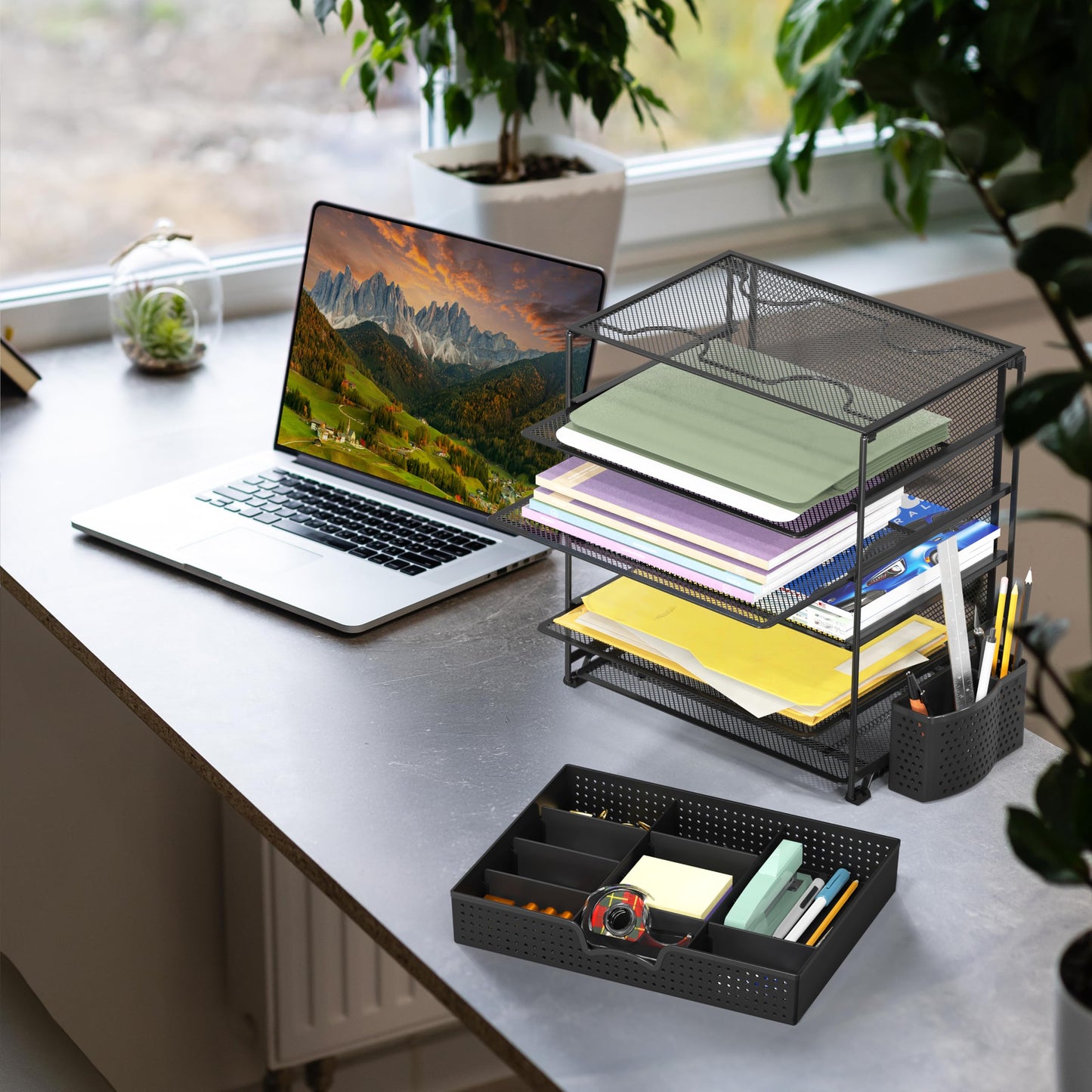 Simple Houseware 5-Tier Desktop Document Tray Organizer with Sliding Drawer and Pen Holder, Black
