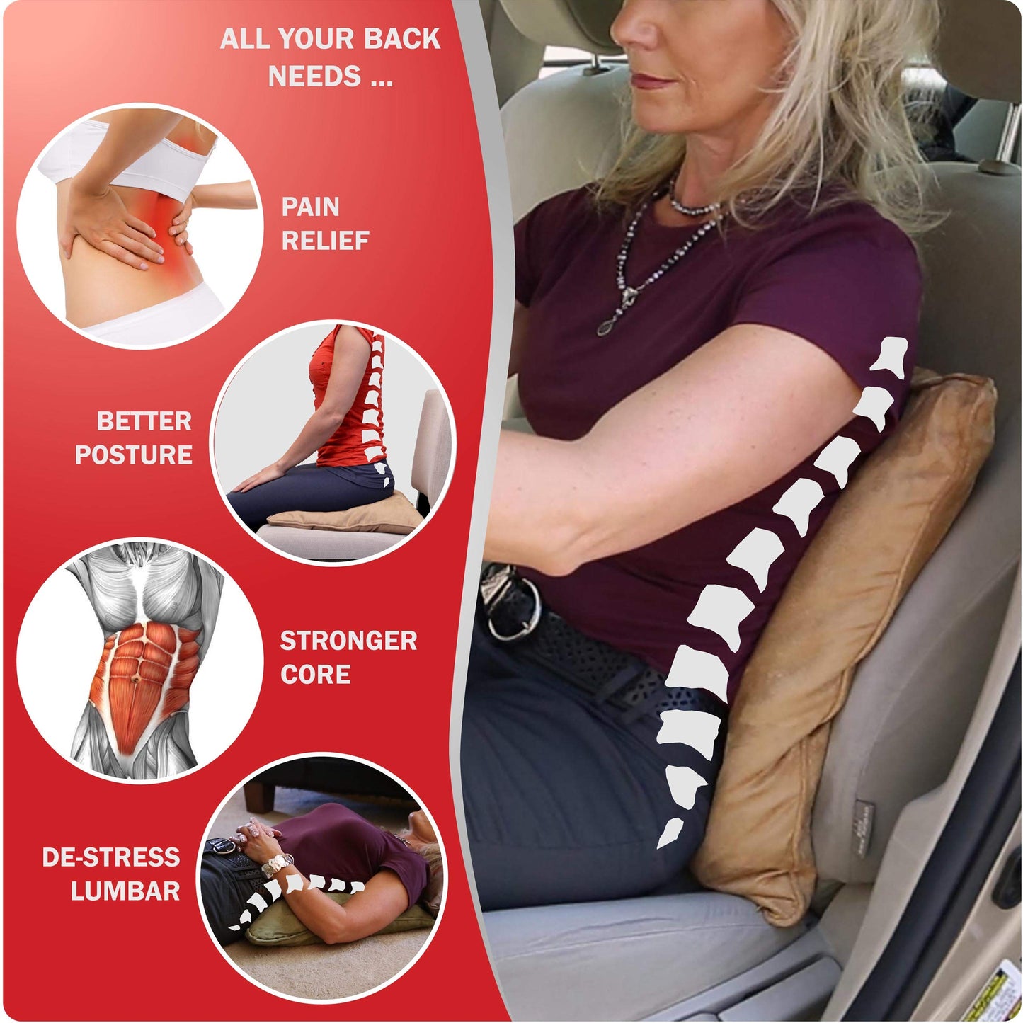 QiPillow - Pain Relieving Lumbar Support Throw Pillows for Couch, 18x18in Inflatable Ergonomic Back Support Square Pillow for Car, Chair and Recliner (Camel)