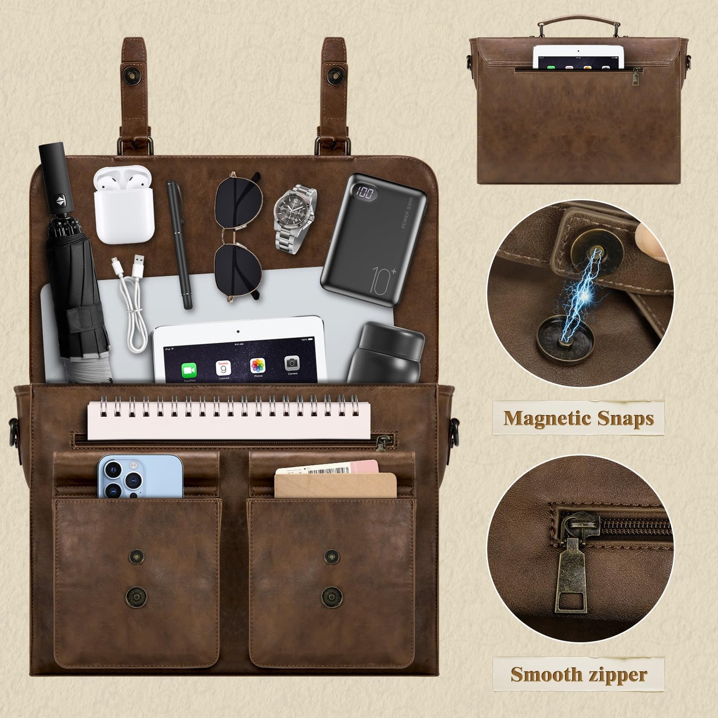 Vintage Messenger Bag Men 15.6 Inch Waterproof Laptop Bag Leather Briefcase for Men Computer Bag for Office Satchel