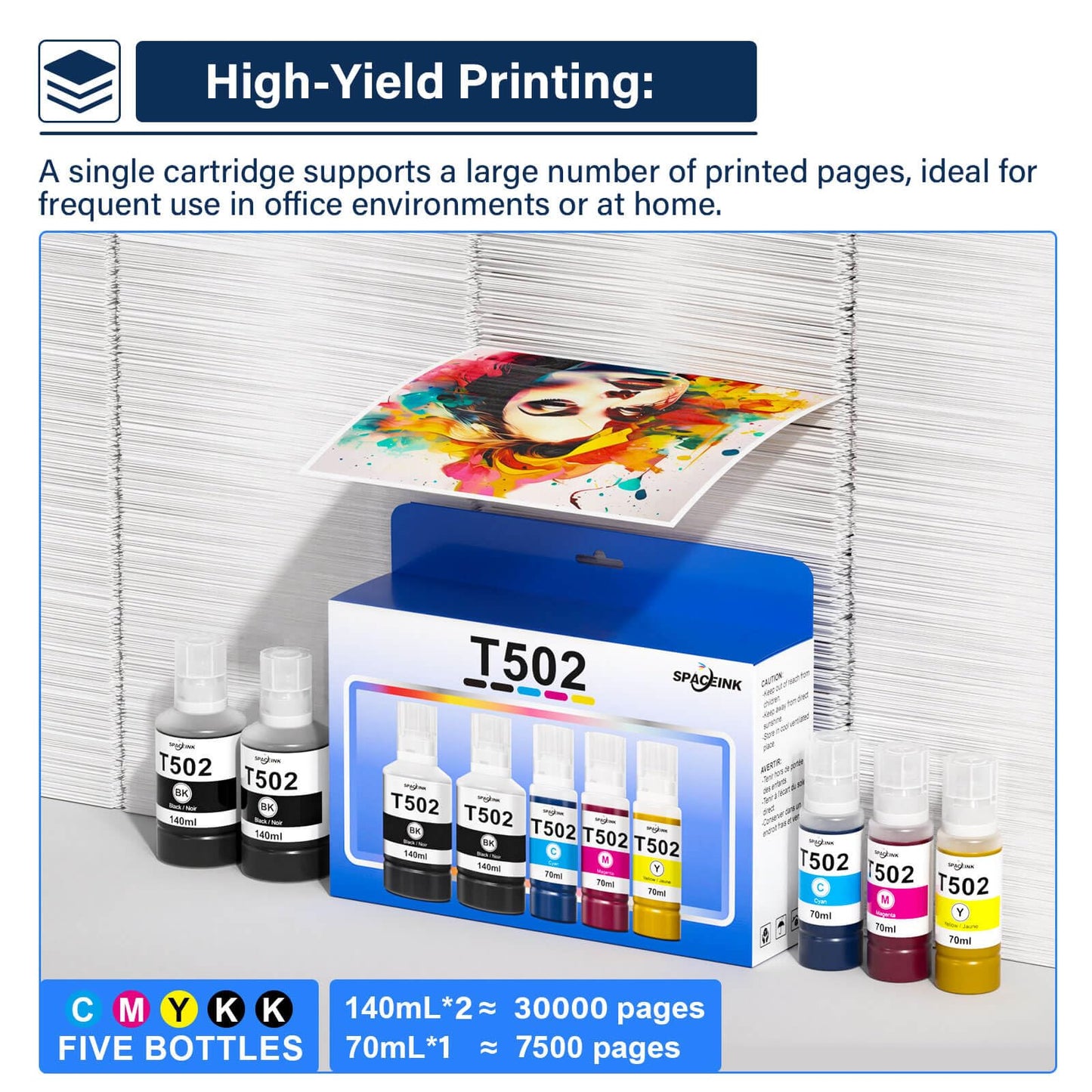 502 Ink Refill Bottles for Ecotank ET-4850 ET-2850 ET-3830 ET-3850 ET-2760 ET-2750 ET-4760 ET-3750 ET-15000 ET-3760 ET-3710 ET-3700 ET-4750 ET-2700 Printer, Large Capacity Combination Pack (2BK CMY)