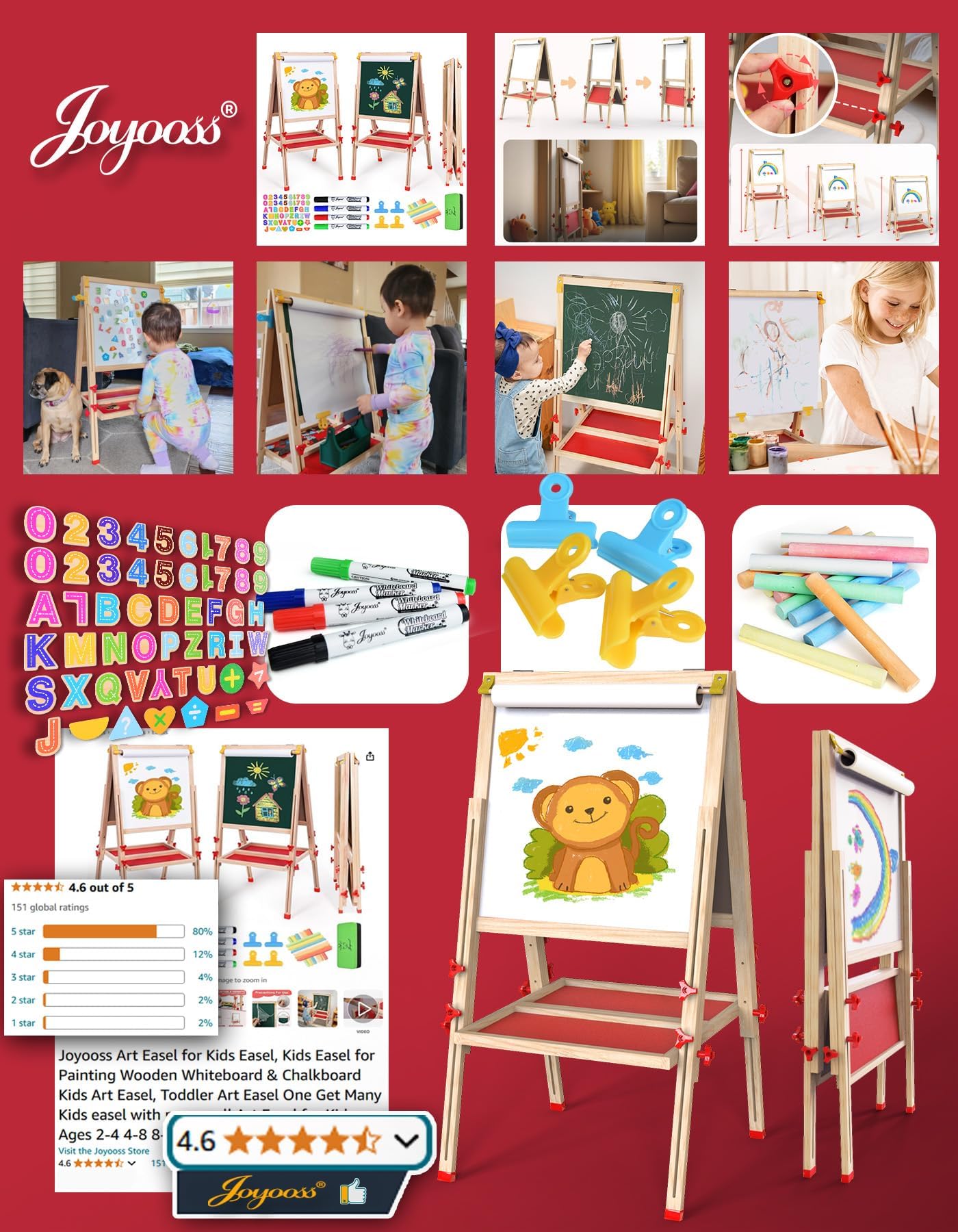 Joyooss Art Easel for Kids Easel, Wooden Foldable Easel for Painting, Standing Whiteboard & Chalkboard Kids Art Easel, Toddler Easel Draw Toys with Paper Roll Magnetic Board for Boys Girls Ages 3 4 5 6 7 8 10
