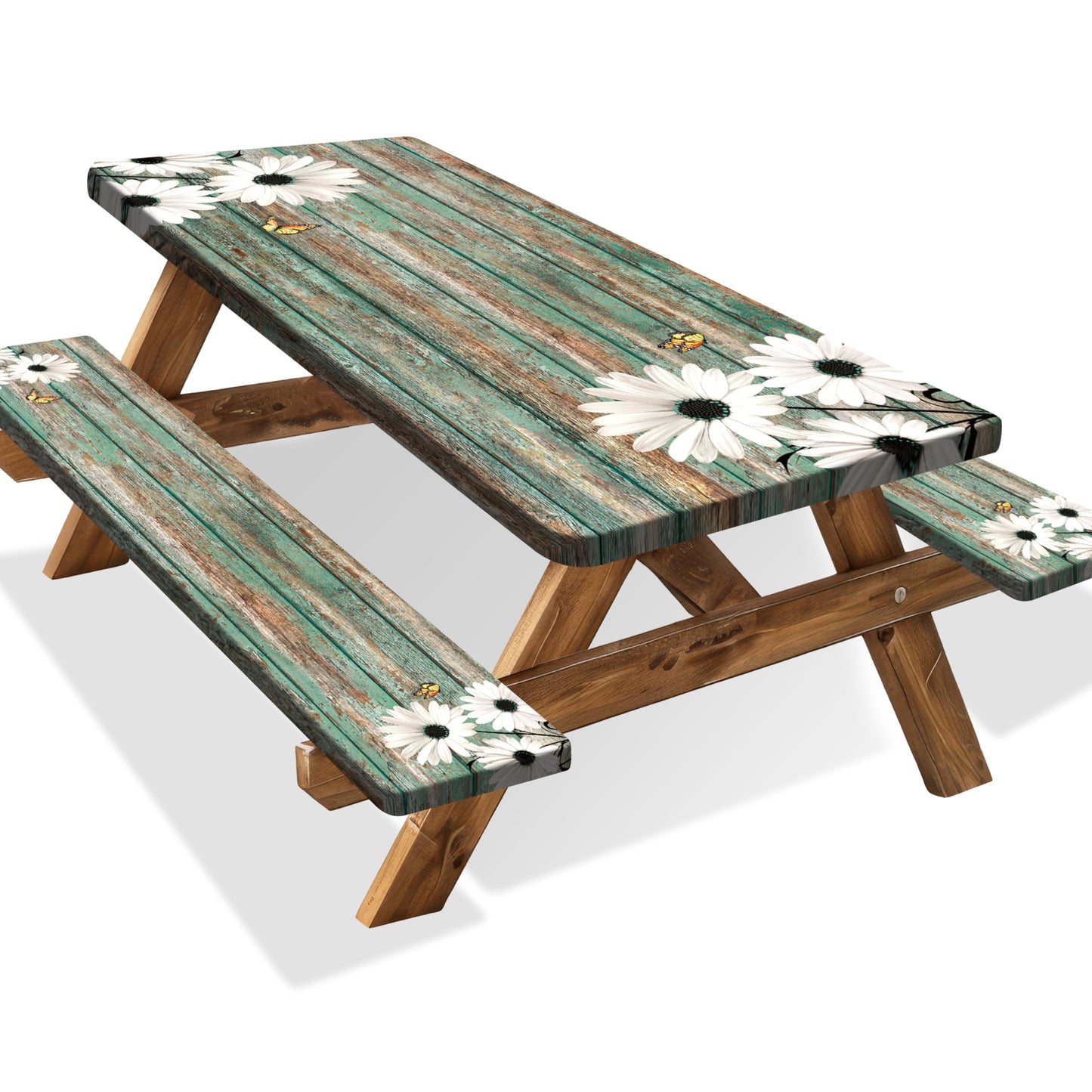 Daisy Flowers Picnic Table Cover with Bench Covers Camping Essentials Wooden Grain Outdoor Table Covers with Elastic Waterproof Fitted Tablecloth for RV Picnic Travel