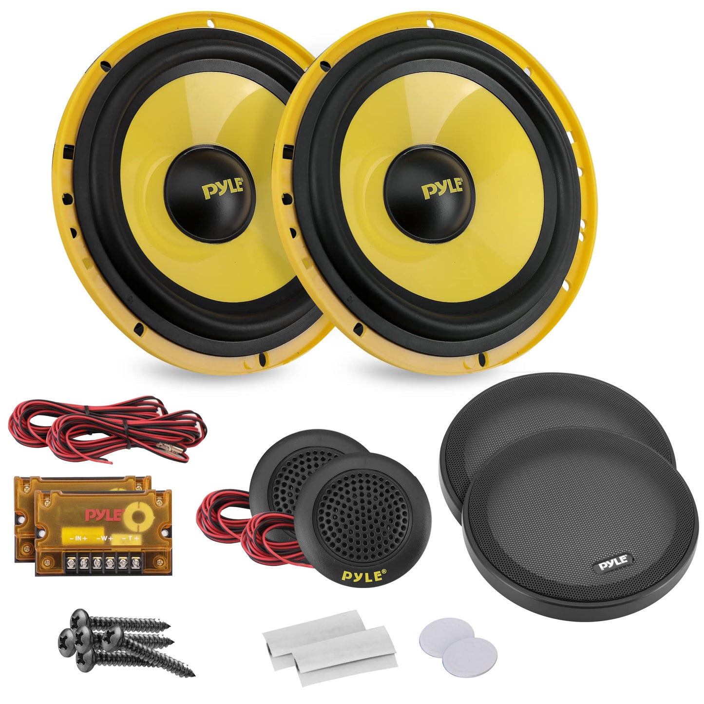 PYLE 2Way Custom Component Speaker System 6.5” 400 Watt Component with Electroplated Plastic Basket, Butyl Rubber Surround & 40 Oz Magnet Structure Wire Installation Hardware Set Included PLG6C, Yellow