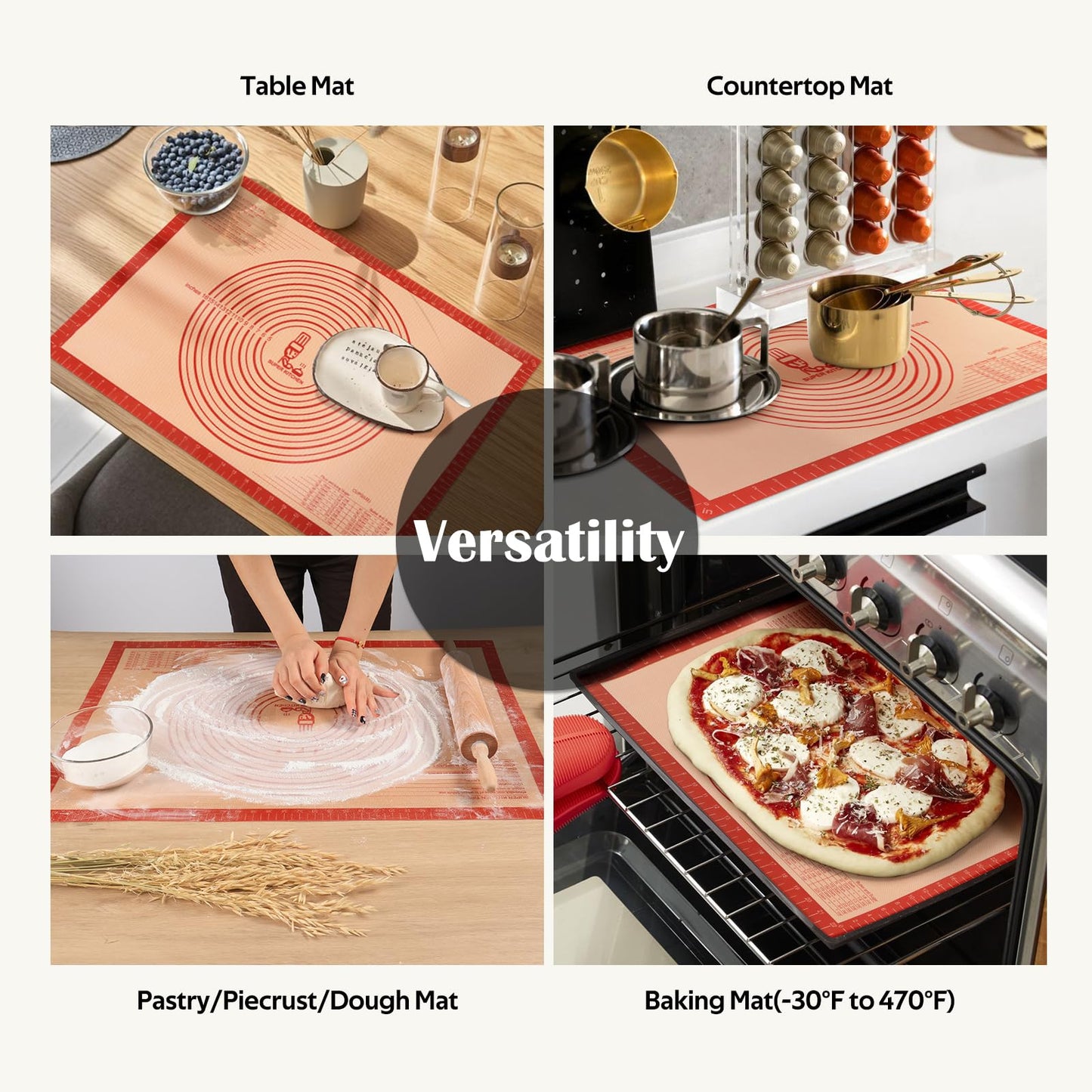 Non-Slip Silicone Pastry Mat Extra Large with Measurements 36''By 24'' for Silicone Baking Mat, Counter Mat, Dough Rolling Mat,Oven Liner,Fondant/Pie Crust Mat(Red, 24×36)