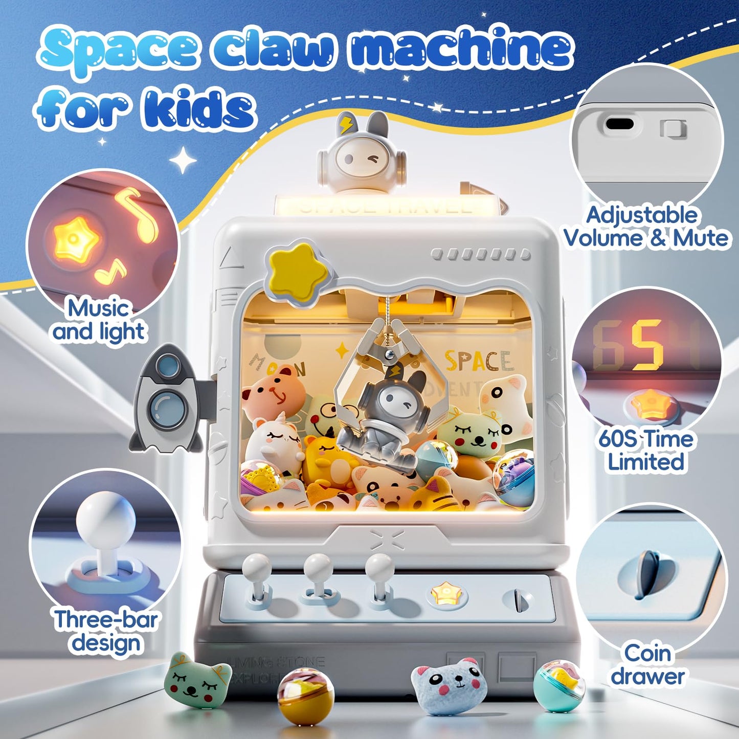 Skirfy Space Claw Machine for Kids, Mini Electronic Game Vending Machine,Candy Dispenser Game for Kids，Birthday for Girls Boys(Blue)