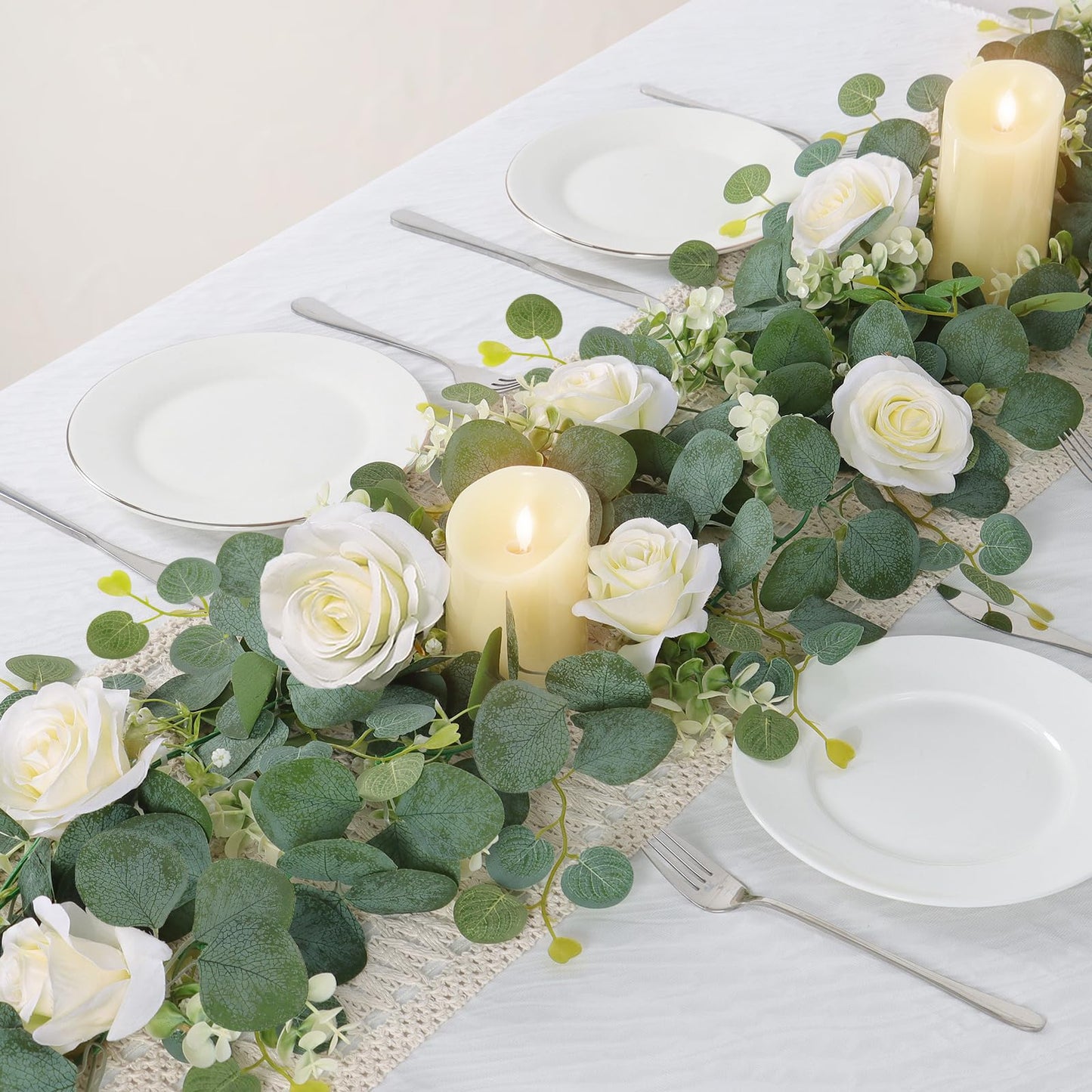 TOCHGREEN 4Pcs(26 Ft) Artificial Eucalyptus Flower Garland with White Rose Flowers,Faux Rose Vine Gypsophila Garland,Floral Garland Greenery Garland for Party Wedding Table Decor (White, 4PCS)