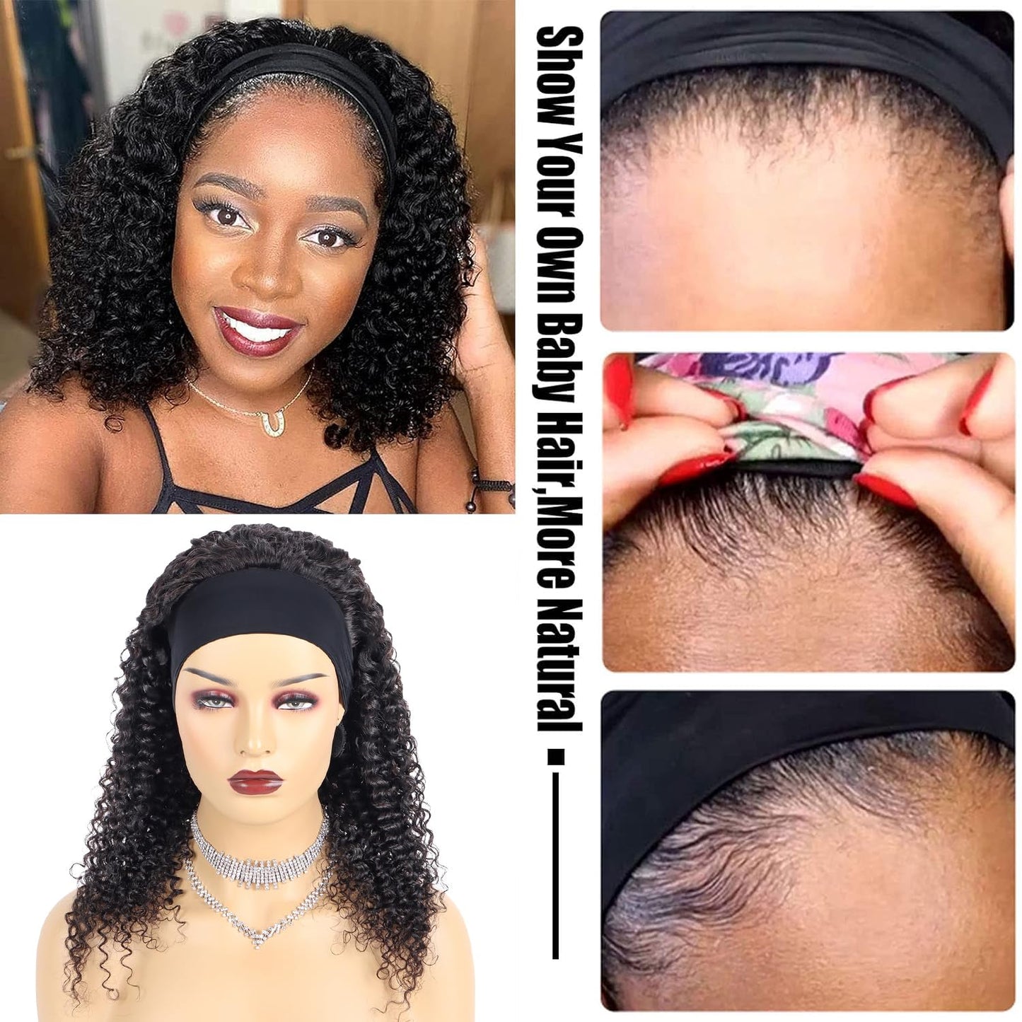 Headband Wig Human Hair Wigs for Black Women Glueless None Lace Curly Wave Wig Brazilian Virgin Hair Machine Made 150% Density Wigs Natural Color perruque femme humain (jerry curly, 16 inch)