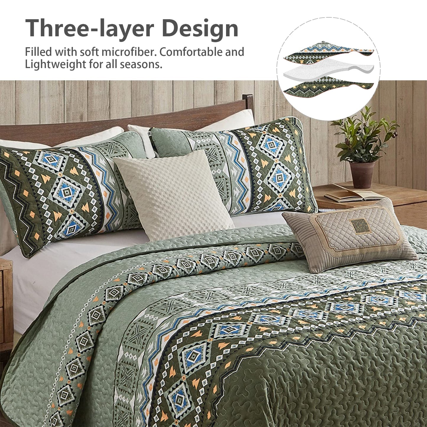 Boho Quilt Set Queen Size Olive Green Bedding Bedspread Reversible Geometric Aztec Pattern Soft Lightweight Microfiber Bohemian Coverlet Set for All Season 3 Pieces 90"x96"