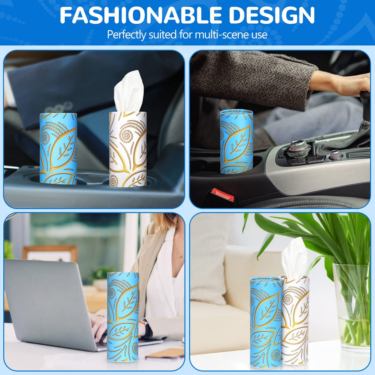 Carstuus Car Tissue Holder with Facial Tissues Bulk - 4 PK Car Tissues Cylinder, 9 Packs Car Tissue Refill, Travel Tissues for Car Cup Holder, Refill Car Tissue Box Round Container
