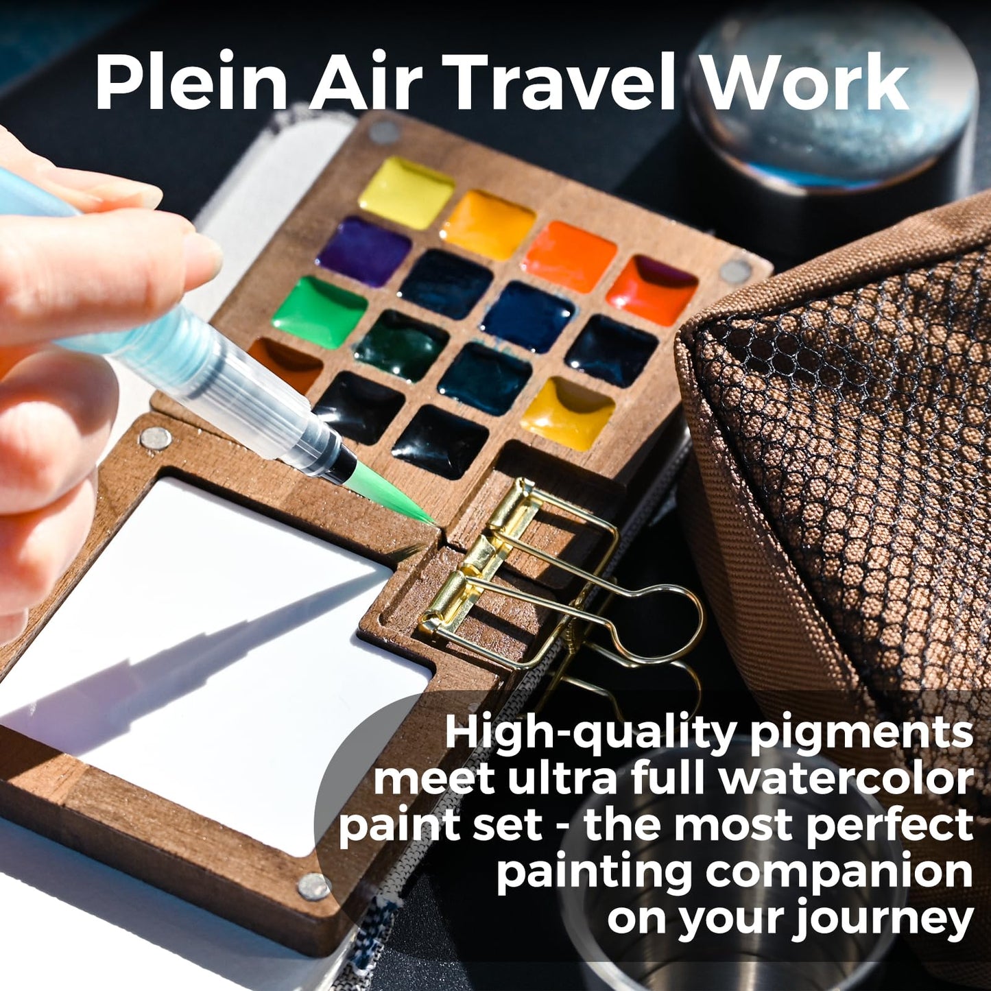 Funto Mini Watercolor Paint Set, All-In-One Walnut Wood 15-Color Premium Pocket Travel Paint Kit, with Crossbody Bag,Watercolor Journal, Metal Clip, Paint Water Cup, Water Brush Ideal for Art Lovers