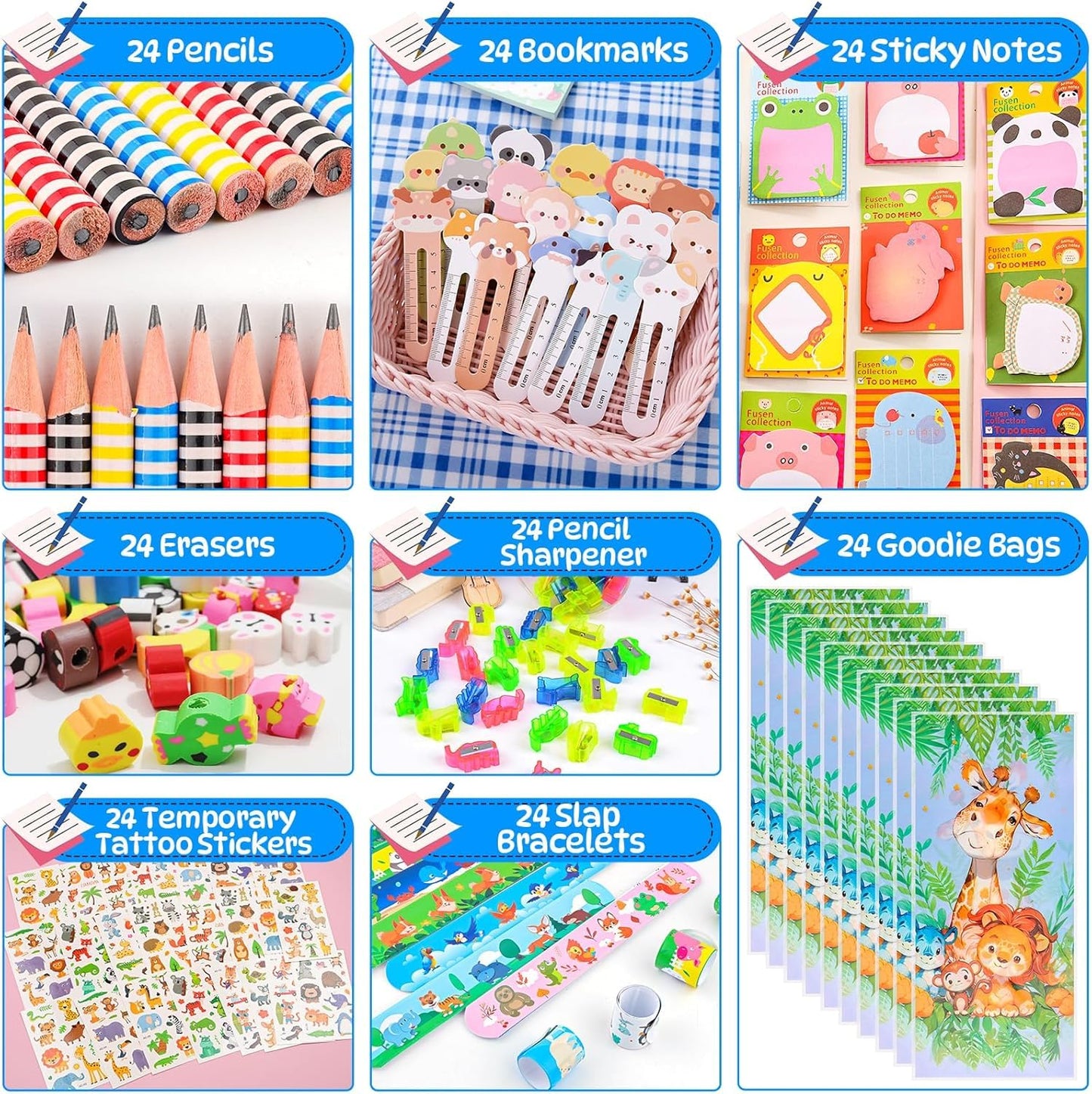 Loot Bags for Kids Birthday, 24Pack Stationery Birthday Goodie Bags with Pencils Erasers Stickers School Classroom Gifts for Students Classroom Gifts Rewards Prizes