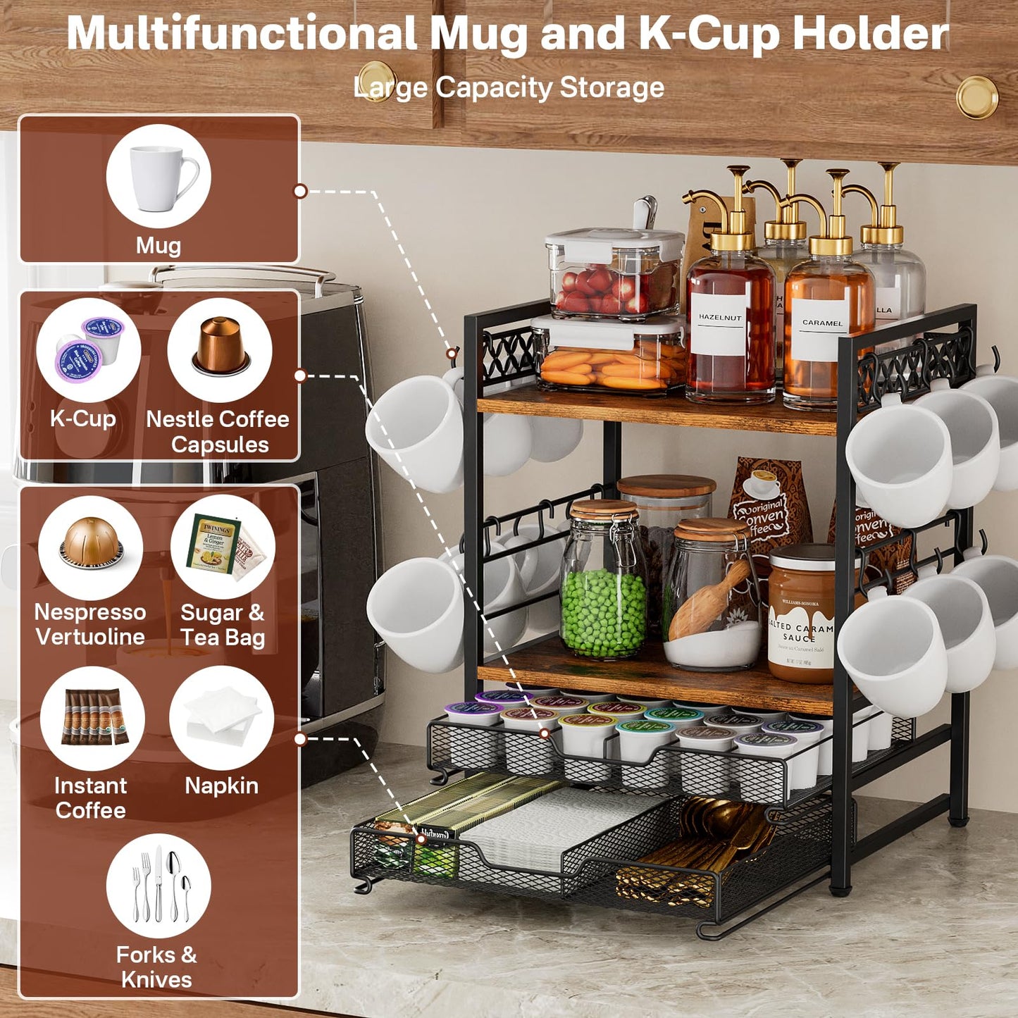 Plaviya Coffee Bar Organizer Countertop Station Shelf, 4 Tier Mug Cup Holder Stand with 12 Hooks, 60 K Cup Coffee Pod Drawer, Multifunctional Coffee Shelf Organizer for Accessories Station Kitchen