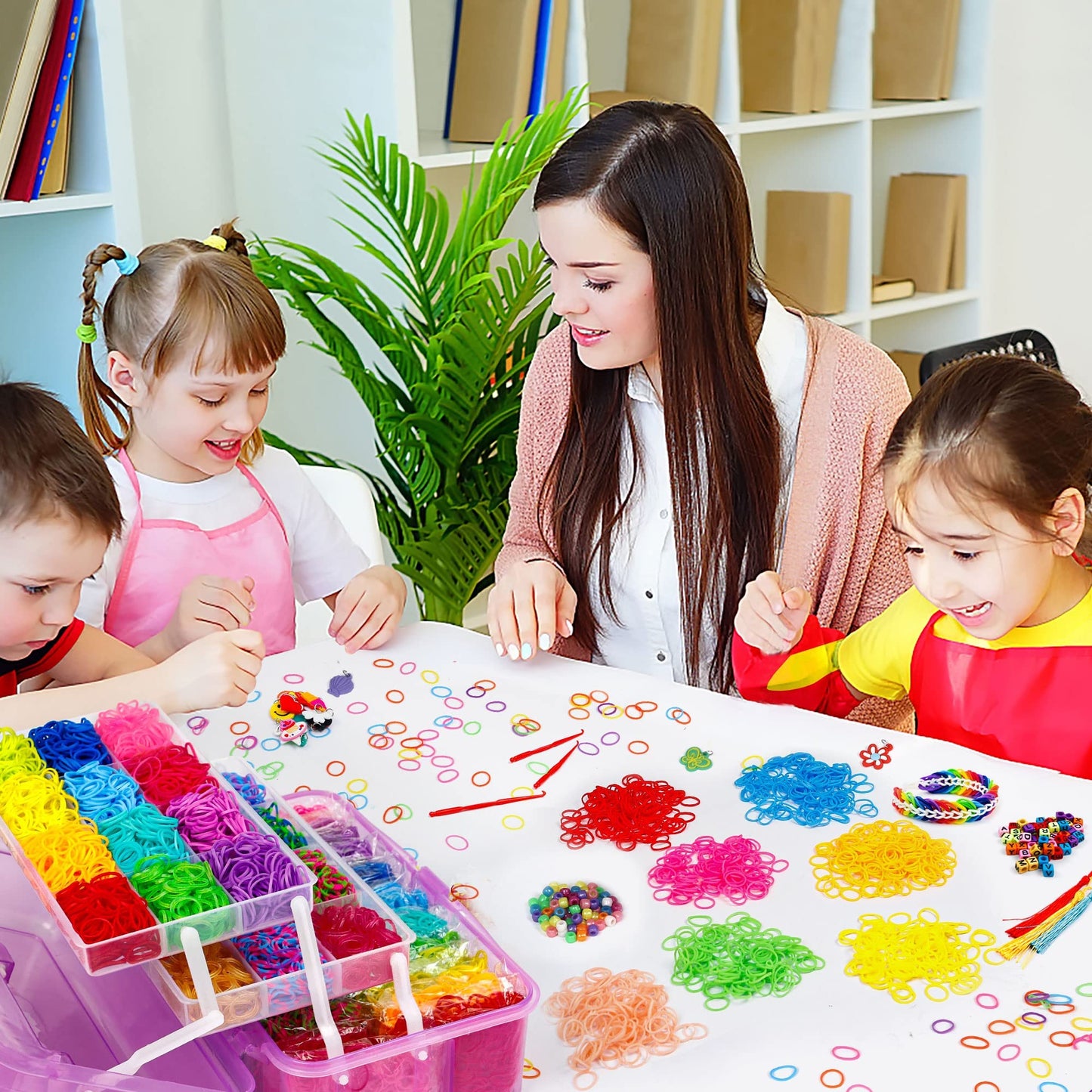 INSCRAFT 17500+ Rubber Loom Bands with 3 Layer Purple Container, 28 Colors, 600 S-Clips, 352 Beads, 40 Cartoon Pendant, Bracelet Making Refill Kit for Kids