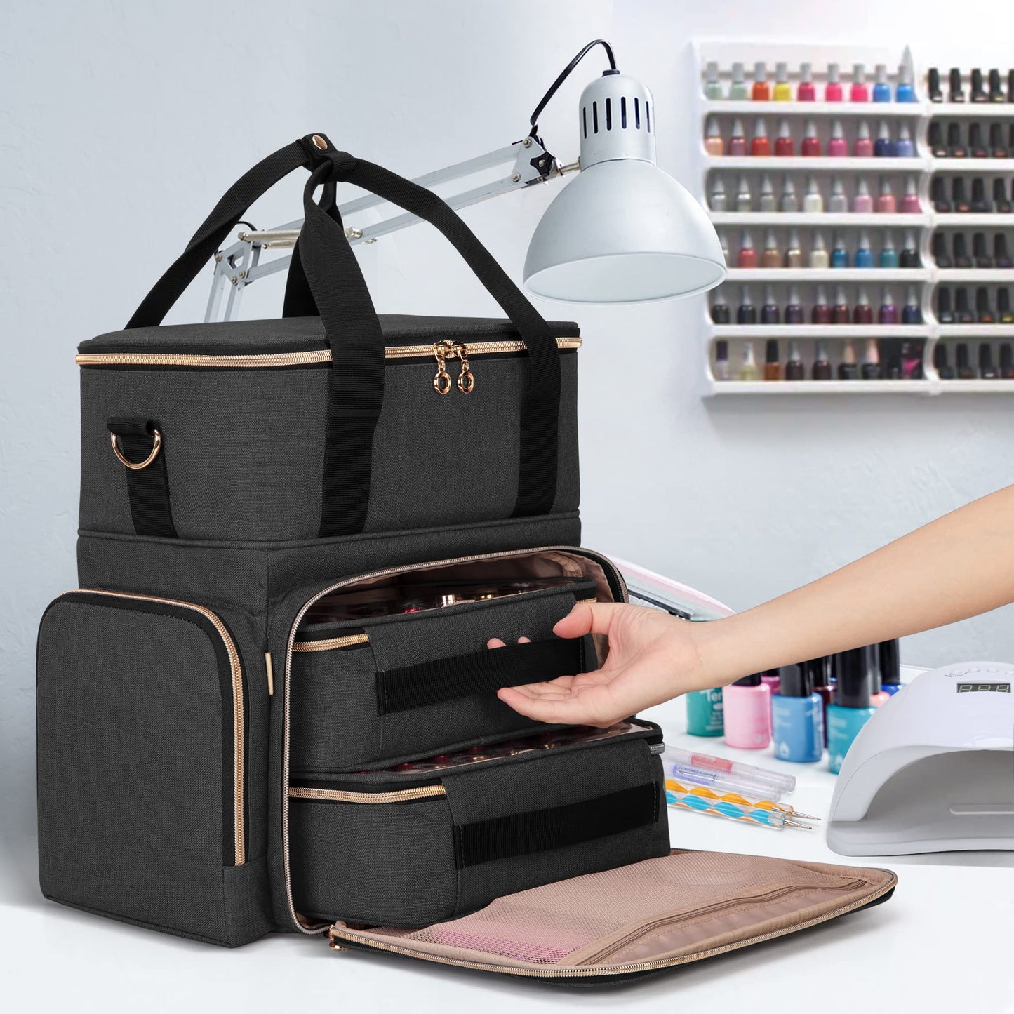 Luxja Nail Polish Organizer Holds 70 Bottles and a Nail Lamp, Nail Polish Case with 2 Removable Bags and Tools Storage Pockets (Patented Design), Black