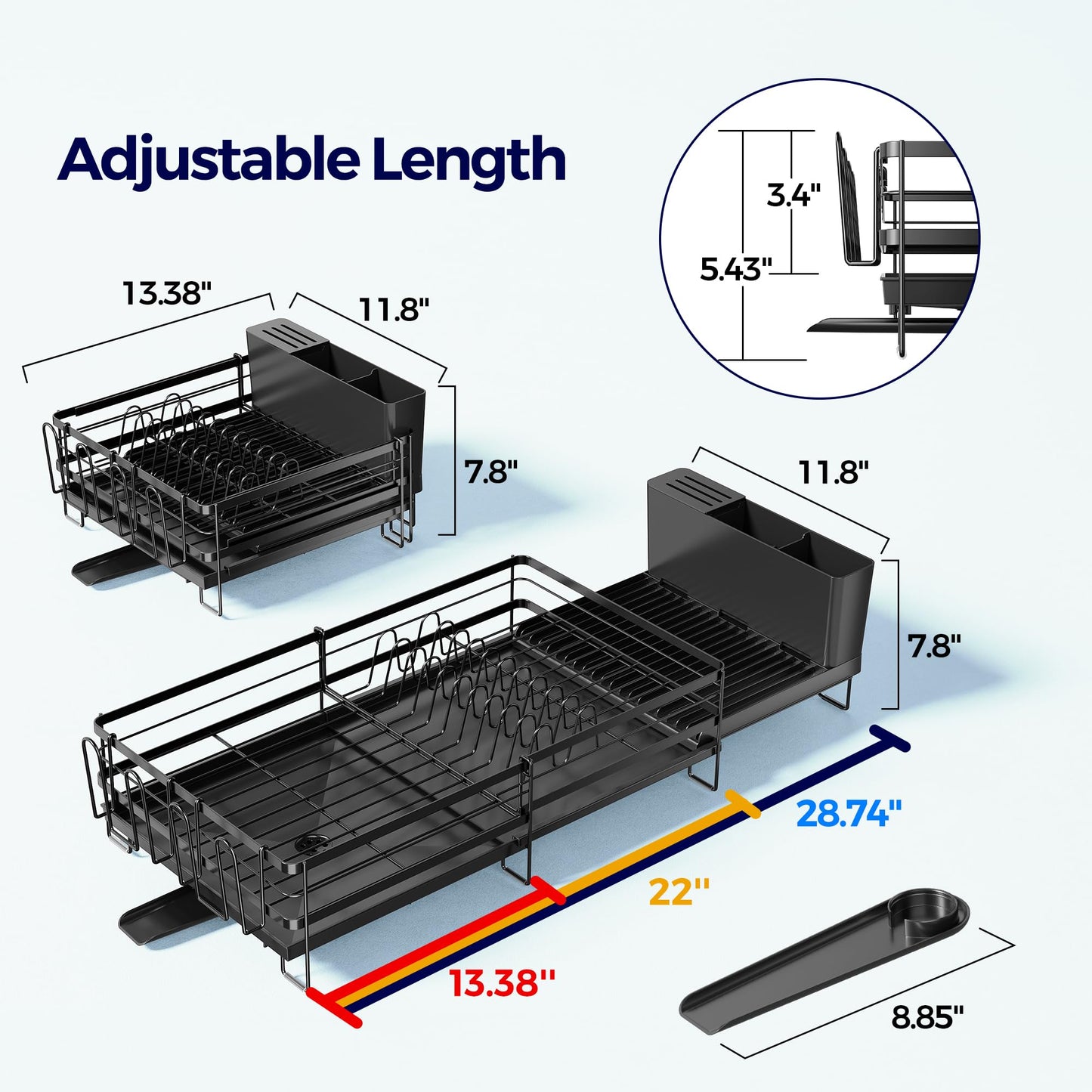 Large Dish Drying Rack - Extendable Dish Rack for Kitchen Counter, Multifunctional Dish Drainer with Drainboard Set, Dishrack with Utensil Holder & Cup Holder, 13.4"-28.7" L x 11.8" W, Black