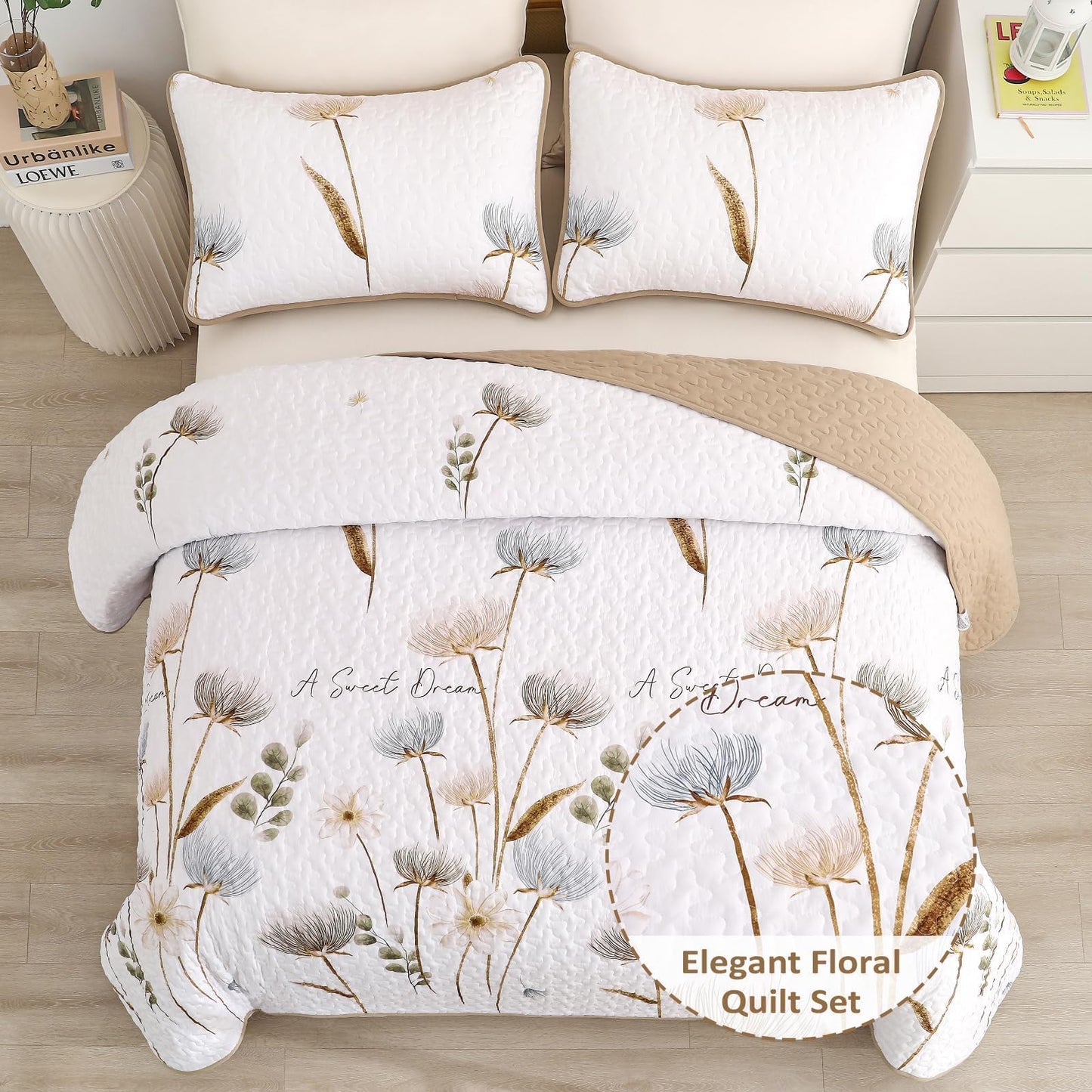 Floral Quilt Set Queen,Botanical Beige/Khaki Bedspread Queen Size 3 Pieces Lightweight Summer Quilts Microfiber Farmhouse Bedding Set Soft Flower Bedspreads White quilted Coverlet Sets for All Seasons