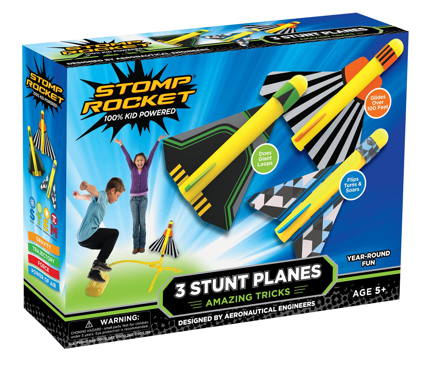 The Original Stomp Rocket Stunt Planes Launcher - 3 Foam Planes and Toy Air Rocket Launcher - Outdoor Rocket STEM Gifts for Boys and Girls - Ages 5 (6, 7, 8) and Up - Great for Outdoor Play