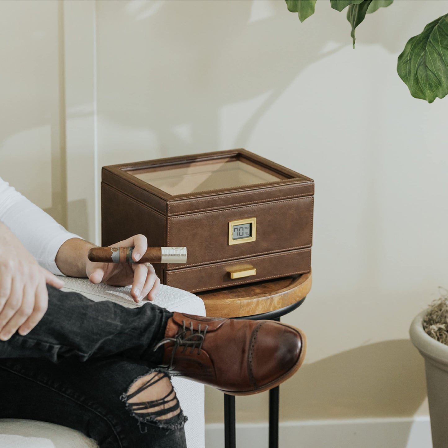 Belmont Glass Top Humidor Premium Vegan Leather, Front Digital Hygrometer, Spanish Cedar, Humidor Solution, Hydro System, and Accessory Drawer - Holds (30-60 Cigars) by CASE ELEGANCE