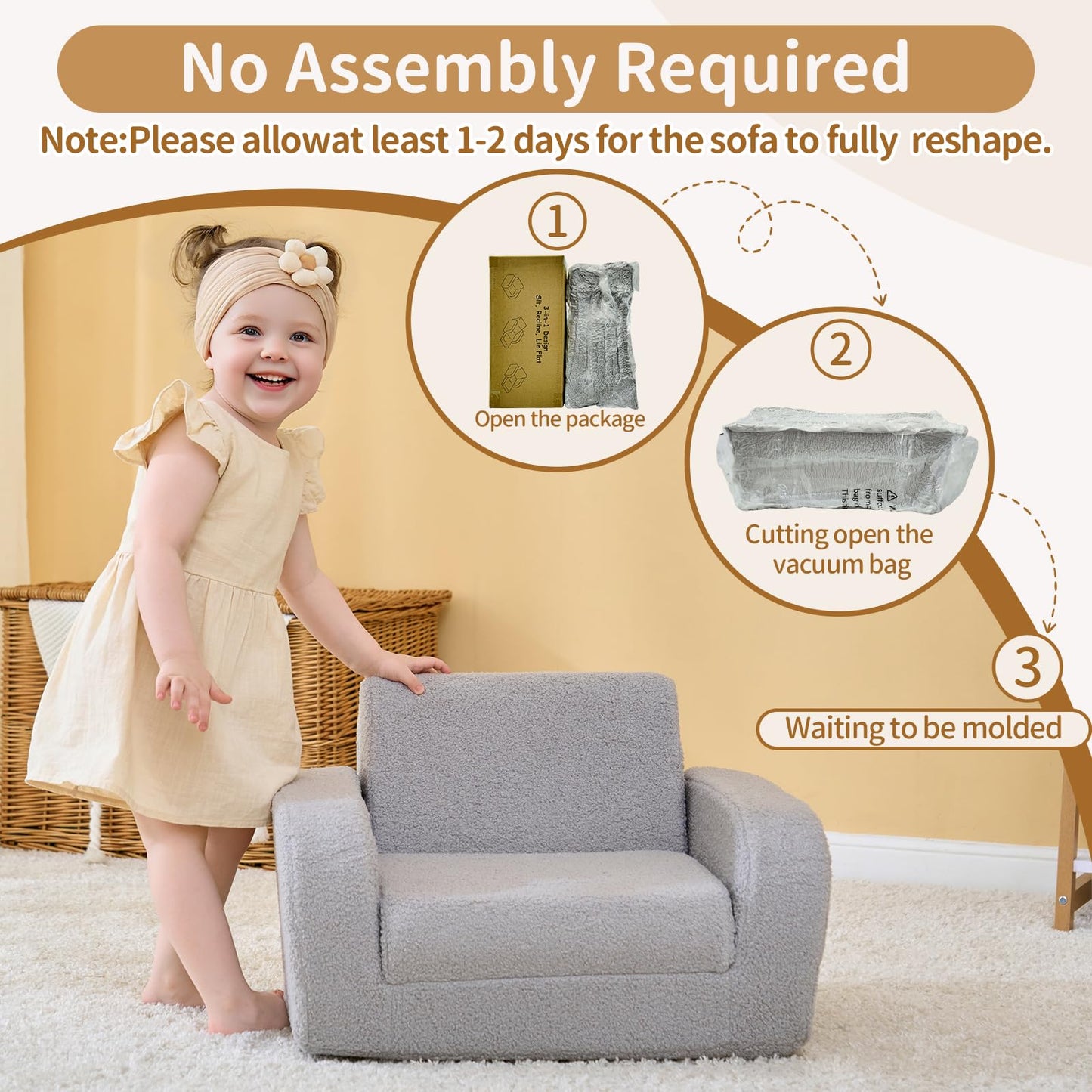 KidBloom Kids Couch, 3-in-1 Toddler Chair for Sit, Flat and Recline, Sherpa Fabric Fold Out Sofa, Sofa for Kids Boys and Girls