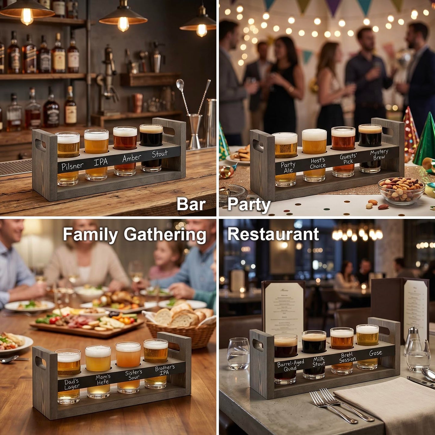 MyGift Vintage Gray Wood Beer Flight Sampler Serving Tray Caddies with Chalkboard Panels & 4 Tasting Glasses, Set of 2