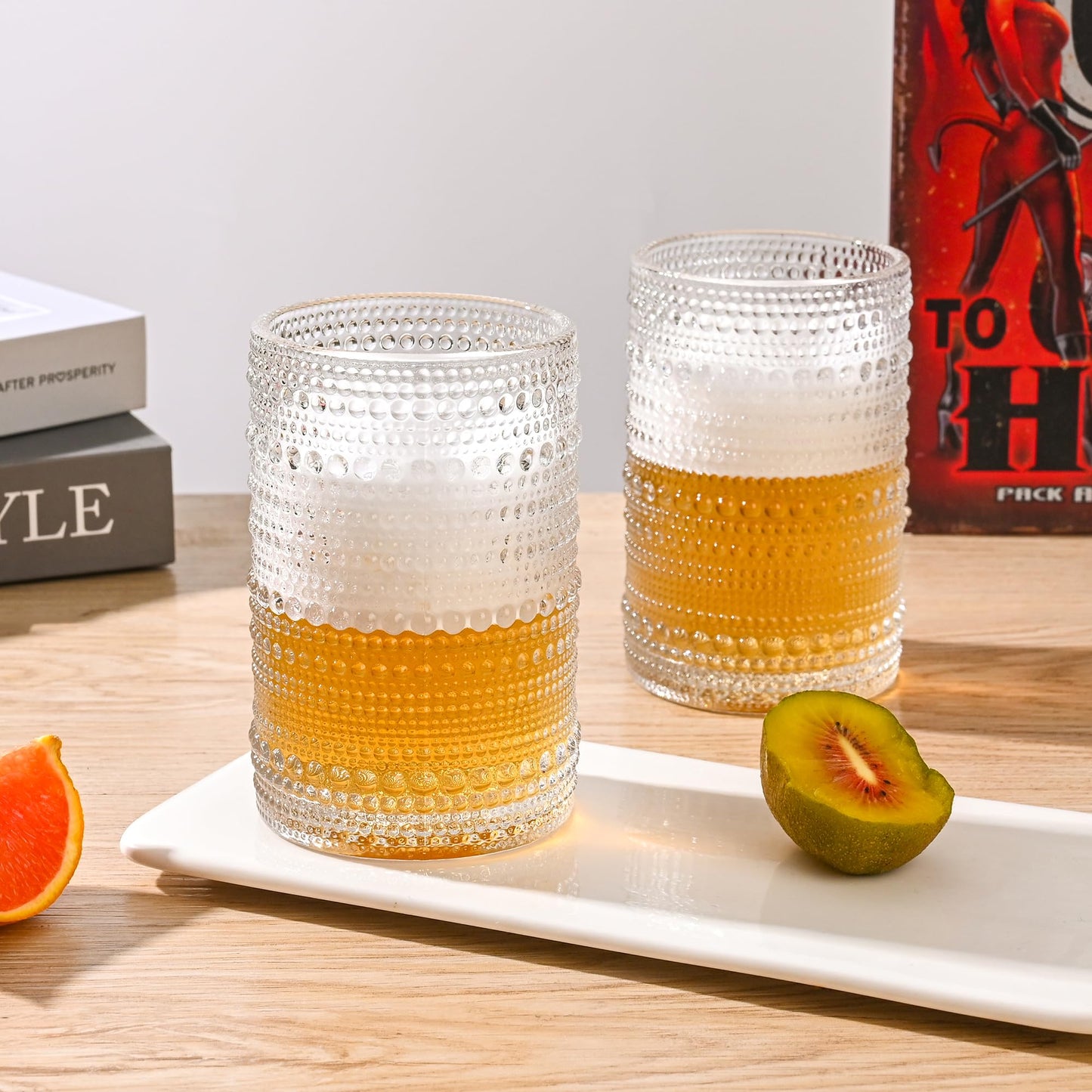 KMIGRUAN Hobnail Drinking Glasses 15oz Vintage Glassware Set of 6 Embossed Beaded Drinking Glasses, Water Cups, Highball Glasses Tumbler for Cocktail,Whiskey,Beer and Juic