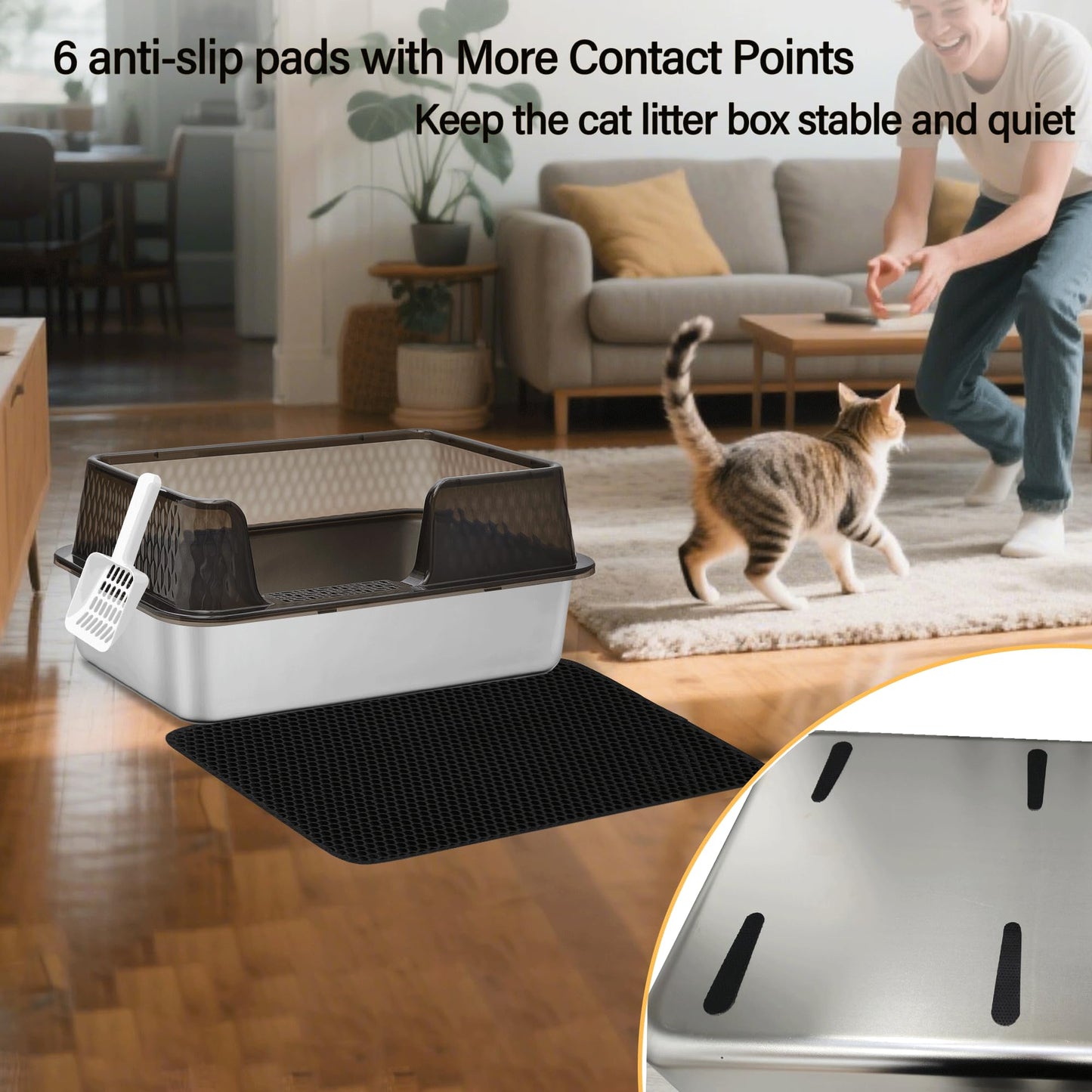 Kittenhood Low Entry Enclosed Stainless Steel Cat Litter Box with Lid Scoop and Pads, 50cm* 35cm* 20cm Transparent Black Standard Easy Clean Metal Kitty Kitten Litter Box