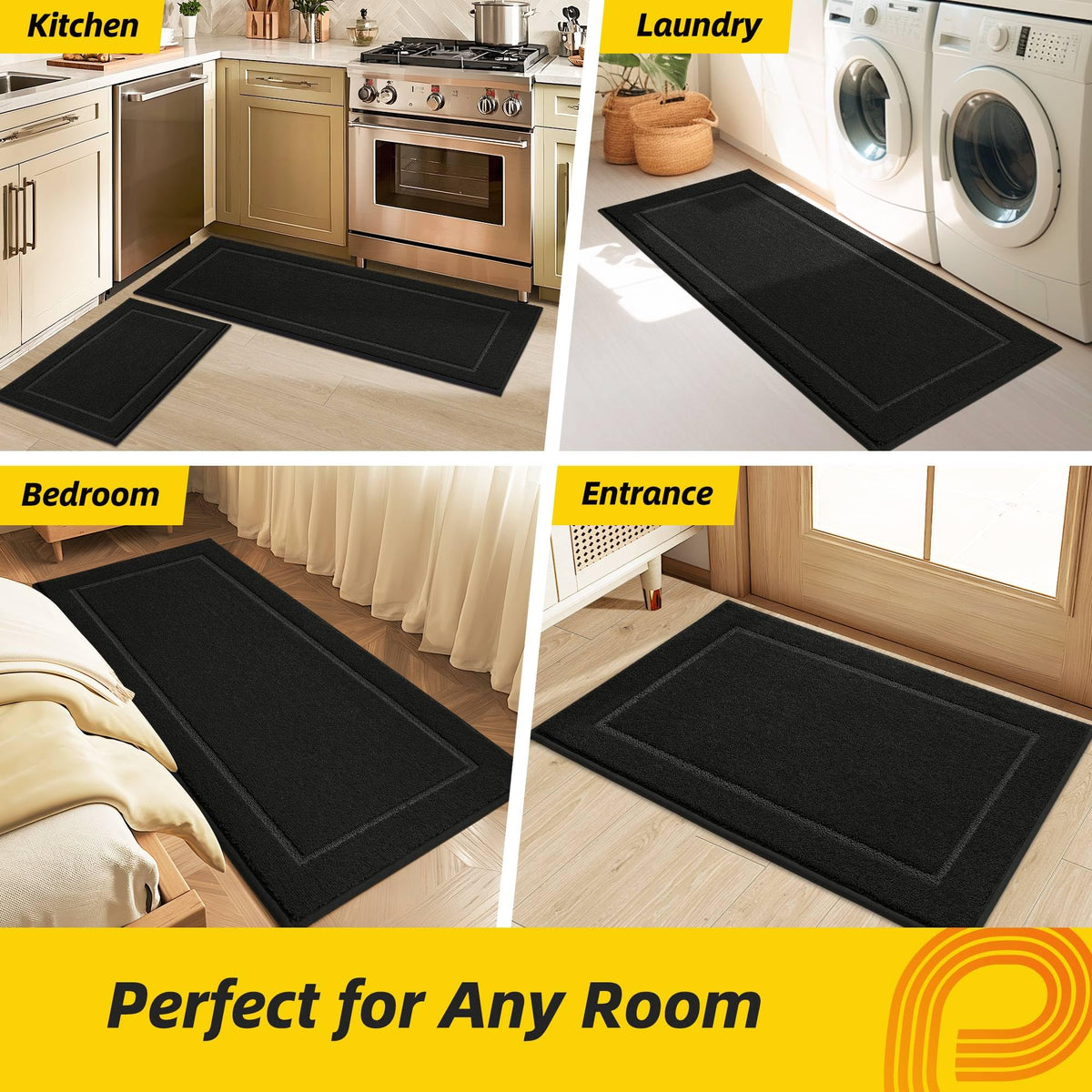 JSEI Non-Slip Kitchen Mats, Self Adhesive No Sliding Kitchen Rugs Set of 2, Washable Absorbent Floor Mat for Kitchen, Bathroom, Laundry Room, Bedroom, 24"x36"+24"x60" Black, Rectangular Pattern