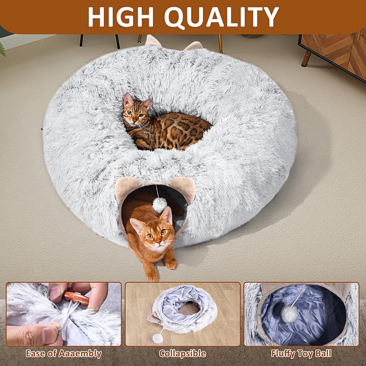 ZVBEK Cat Tunnel with Cat Bed for Indoor Cats, Under Christmas Tree Soft Plush Peekaboo Cat Cave Donut Tunnel, Multifunctional Cat Playground Toys Hideplace for Cats, Kittens, Rabbit, Ferret (Grey)