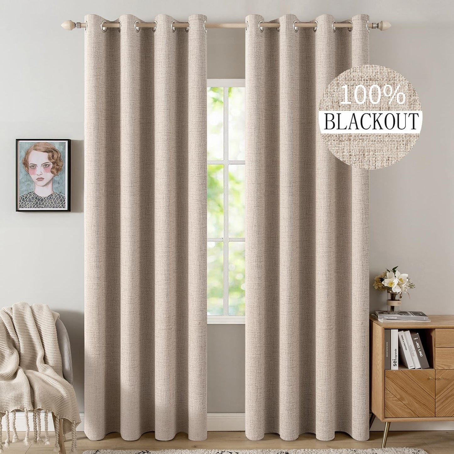 MIULEE 100% Blackout Linen Curtains for Bedroom Thermal Insulated Grommet Room Darkening Curtains & Drapes for Living Room Nursery, Beige, 52W x 84L inch (2 Panels)