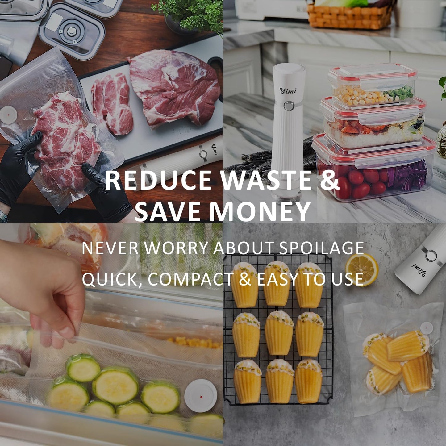 Yimi Vacuum Sealer, Handheld Vacuum Sealer for Food, with 44 Reusable Vacuum Sealer Bags, S, M, L size, Portable Vacuum Sealer with Visual Water Tank, with wireless Rechargeable for Kichen, Camping