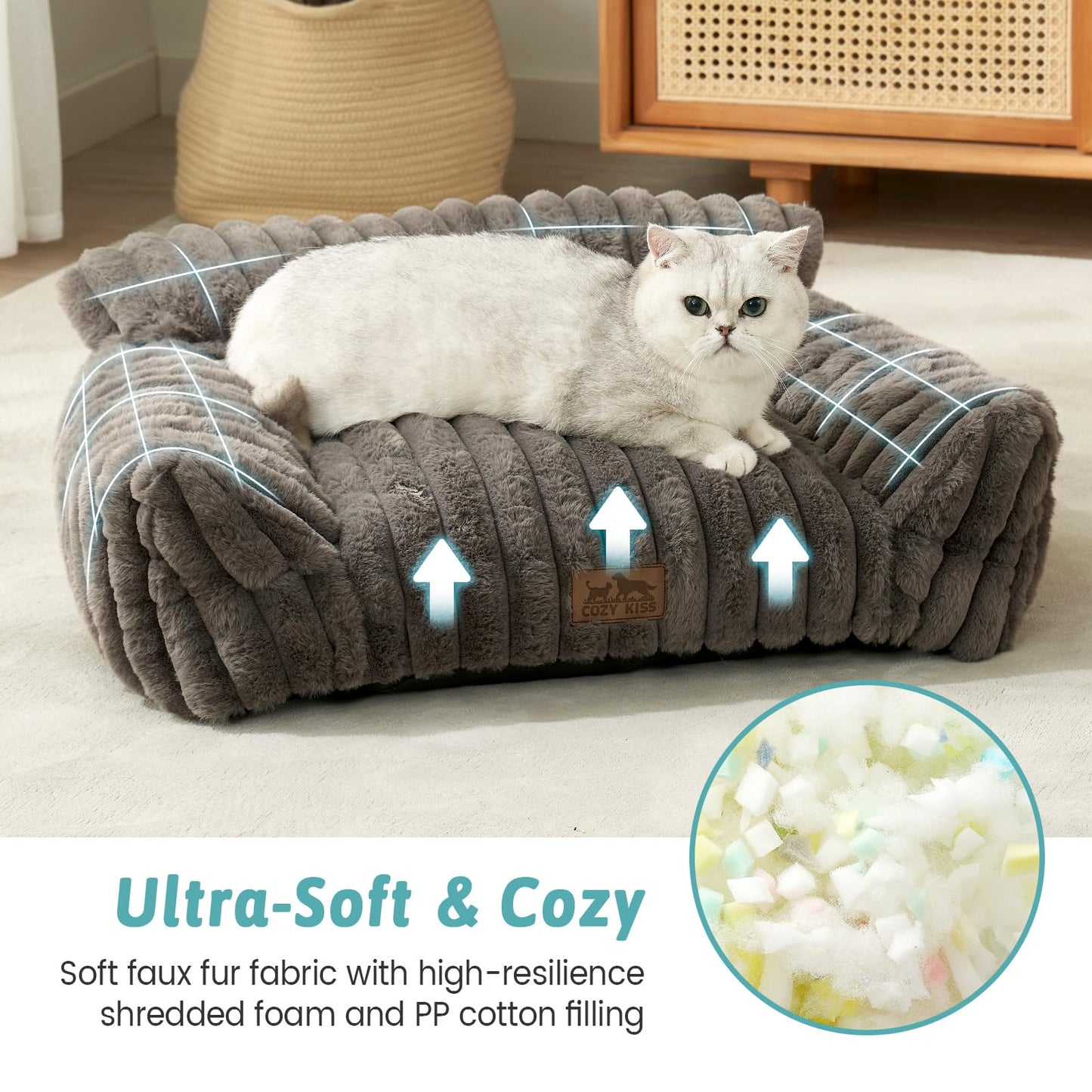 COZY KISS Cat Beds for Indoor Cats, Fluffy Cat Couch and Premium Faux Rabbit Fur Sofa Bed for Cats and Small Dogs, Ultra-Soft Supportive Pet Couch Furniture, 65x45 cm (Grey, Small)