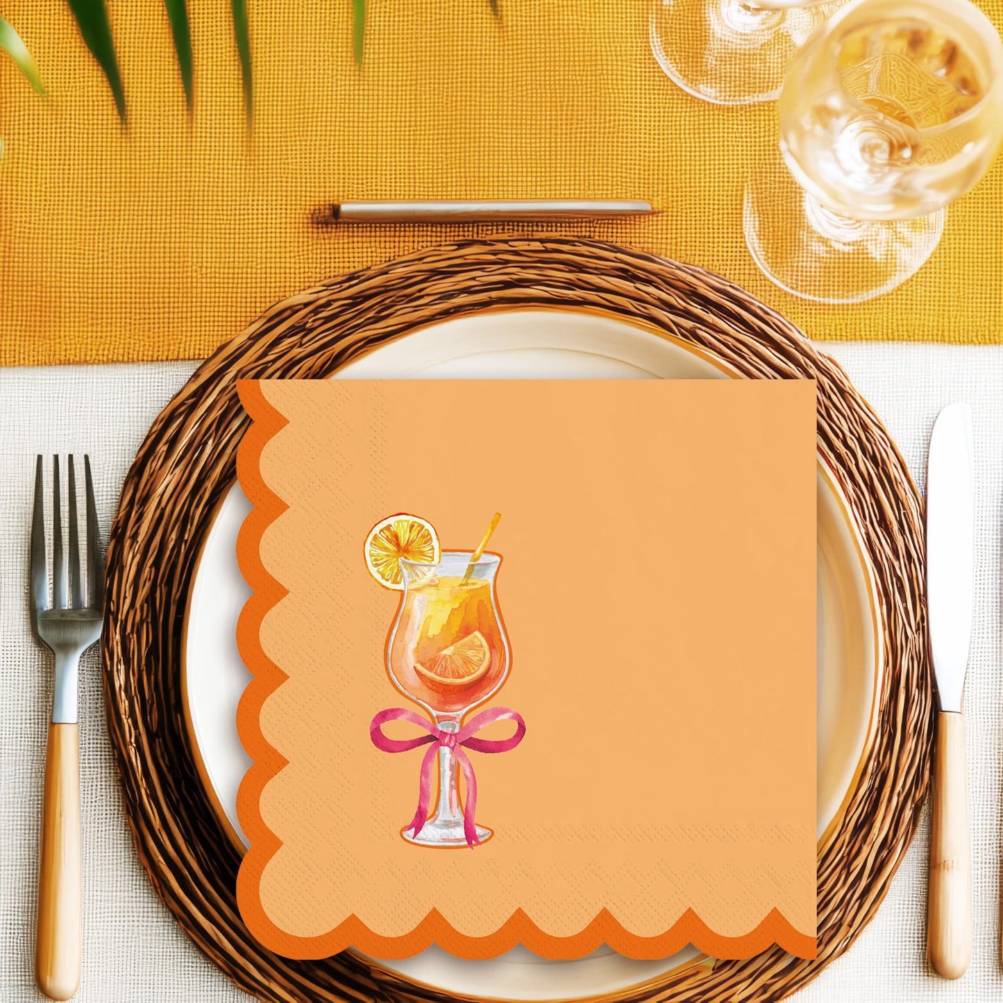 FYSUIMU 100 Pcs Love at First Spritz Cocktail Napkin Disposable Scalloped Paper Napkin Orange Drink Beverage Napkins for Wedding Bride Bachelorette Shower Party Supplies
