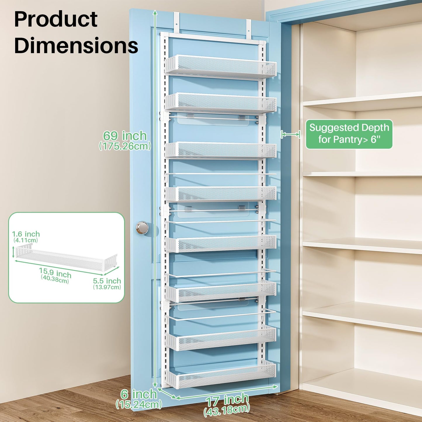 SNTD 8 Tiers Over the Door Organizer - Height Adjustable Pantry Organizers and Storage with Dense Mesh Baskets, Anti-Swing Hanging Door Spice Rack for Kitchen Bathroom (White, 17" W x 6" D x 69" H)