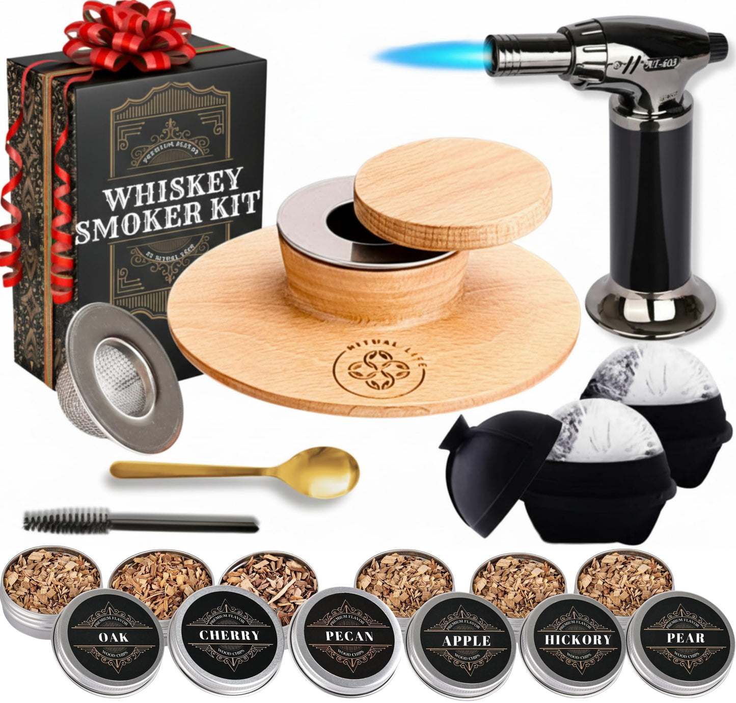 Whiskey Smoker Kit - Cocktail Smoker with Torch, 2 Ice Ball Makers, 6 Flavors Wood Chips, 2 Custom Burn Guard Filters - Old Fashioned Smoker Kit - Drink Smoke Infuser - Fumoir a Whisky