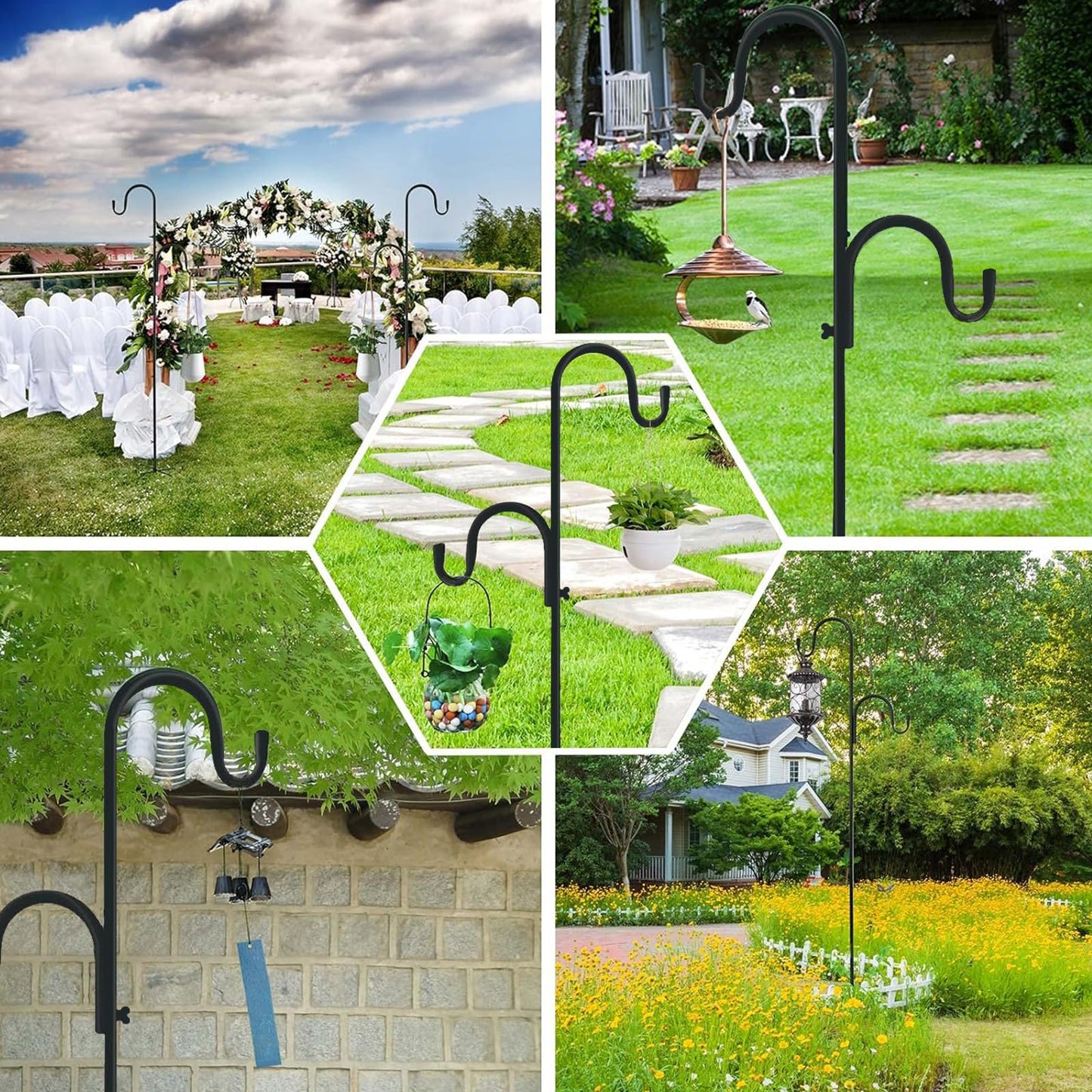 78 Inch Double Shepherds Hooks for Outdoor Bird Feeder,Hanging Plants,Solar Light,Metal Bird Feeder Pole Stand Adjustable 78/62/46/30 Inch,3/4 Inch Width Garden Shepards Hook