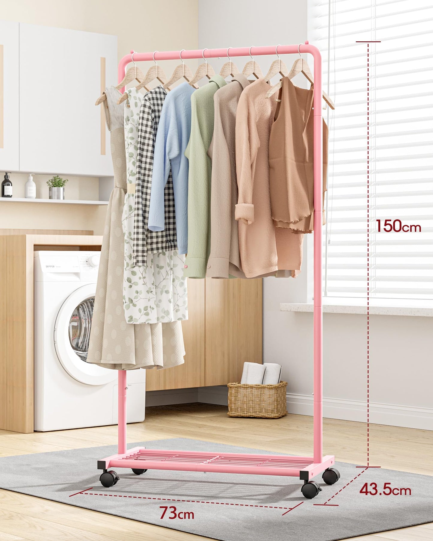 Sakugi Clothing Rack - Movable Multi-Functional Coat Rack with 4 Universal Wheels, Long-Lasting Metal Clothes Rack with Extra Storage Shelf for Bedroom, Office, Laundry(Pink, 73W x 43.5D x 150H cm)
