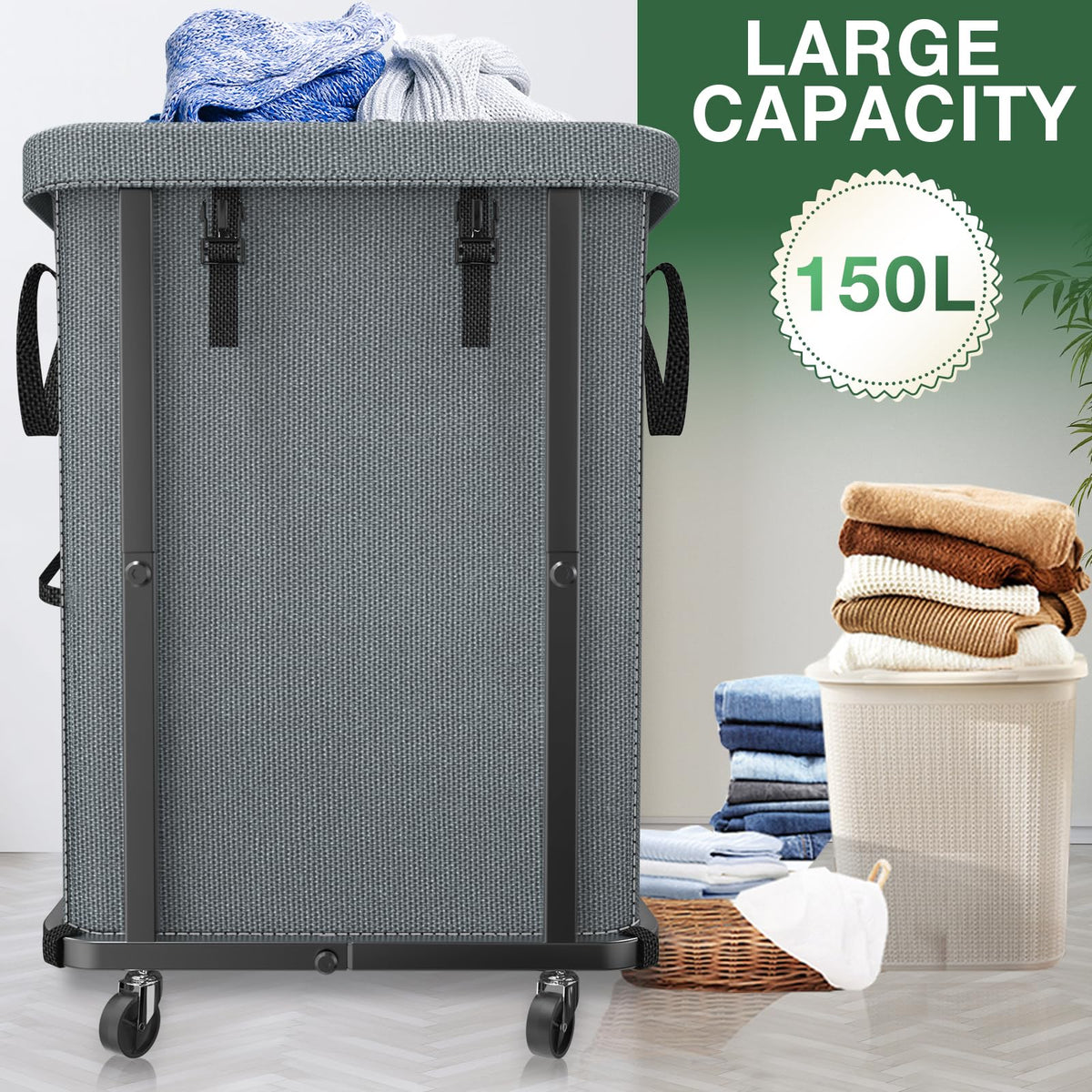 40 Gal(150L) High Grade Large Laundry Basket with Wheels, Rolling Laundry Hamper, Laundry Cart with Metal Frame and Removable Bag Design, Suitable for Laundry Room, Bedroom (Grey, 150L)