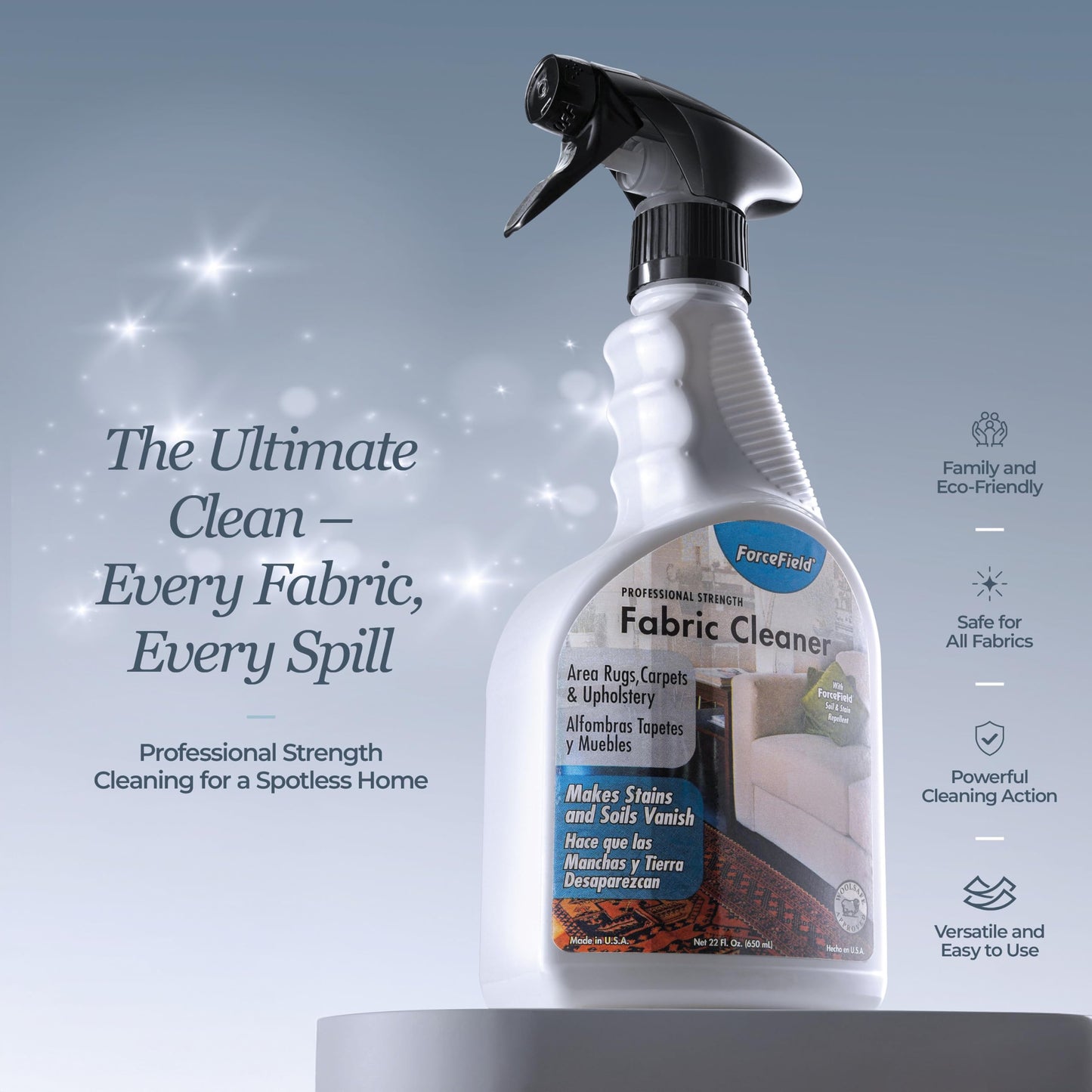 ForceField Fabric Cleaner - Professional Strength - Deeply Penetrates Water Safe Fabric & Fibers of Upholstery, Clothing, Rugs & Carpeting 22oz